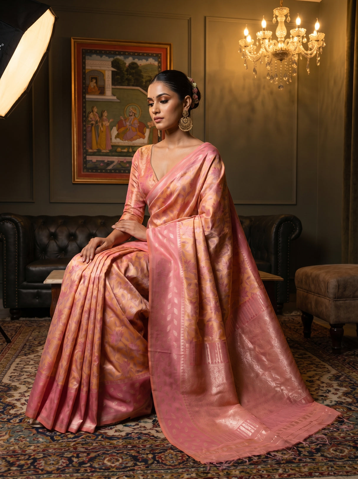 MIMOSA Peach Kanjivaram Art Silk Saree β detail of border and drape