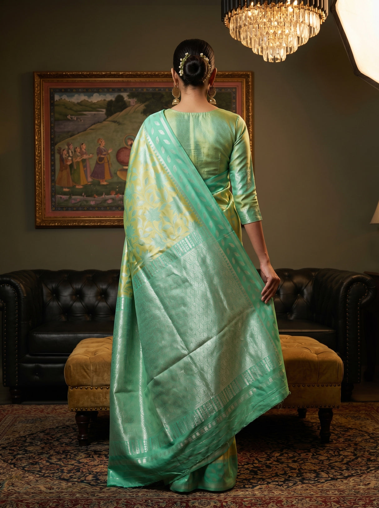 MIMOSA Pista Kanjivaram Art Silk Saree β close-up of face and chandelier