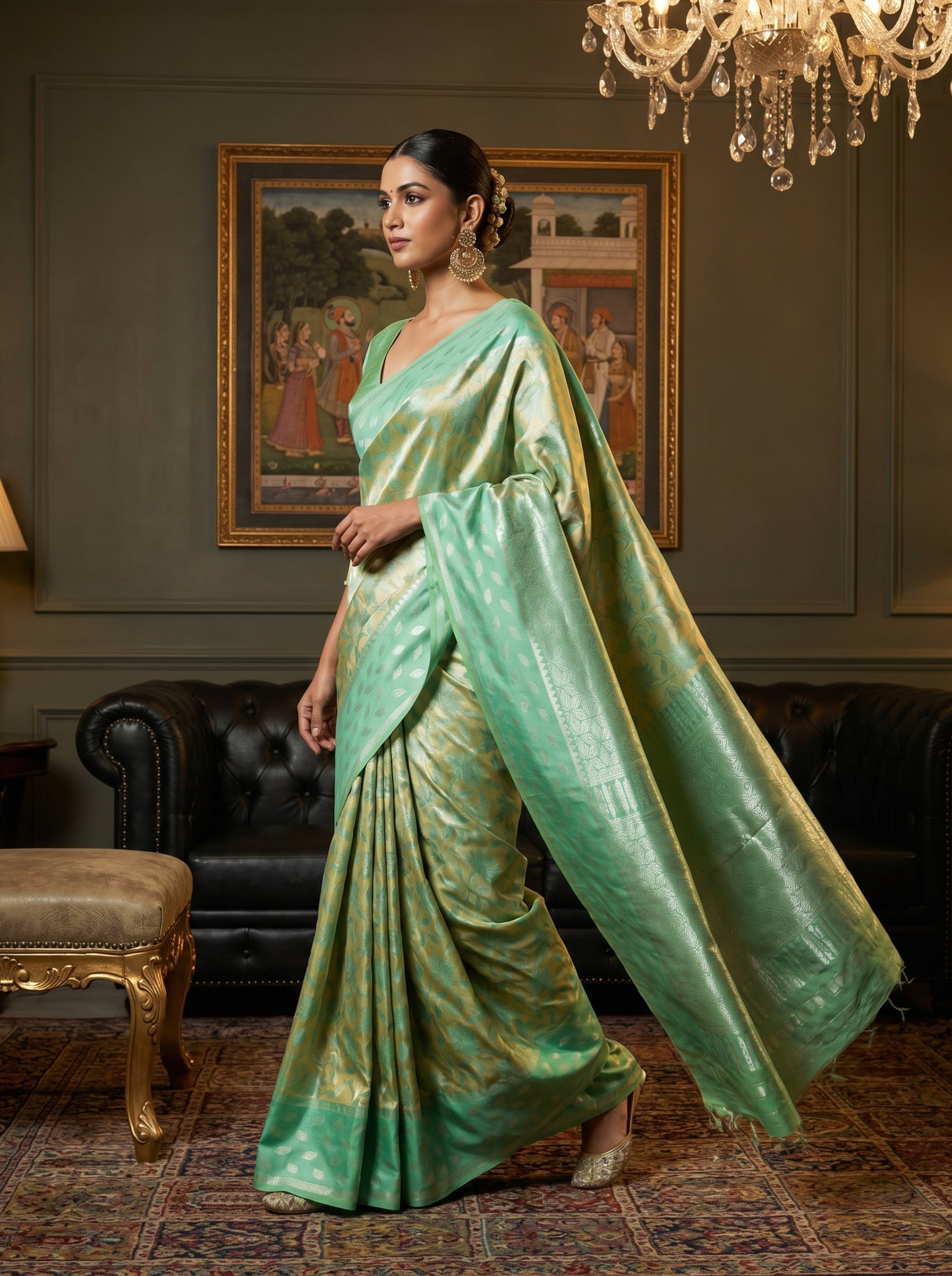 MIMOSA Pista Kanjivaram Art Silk Saree β close-up of pallu and lower drape