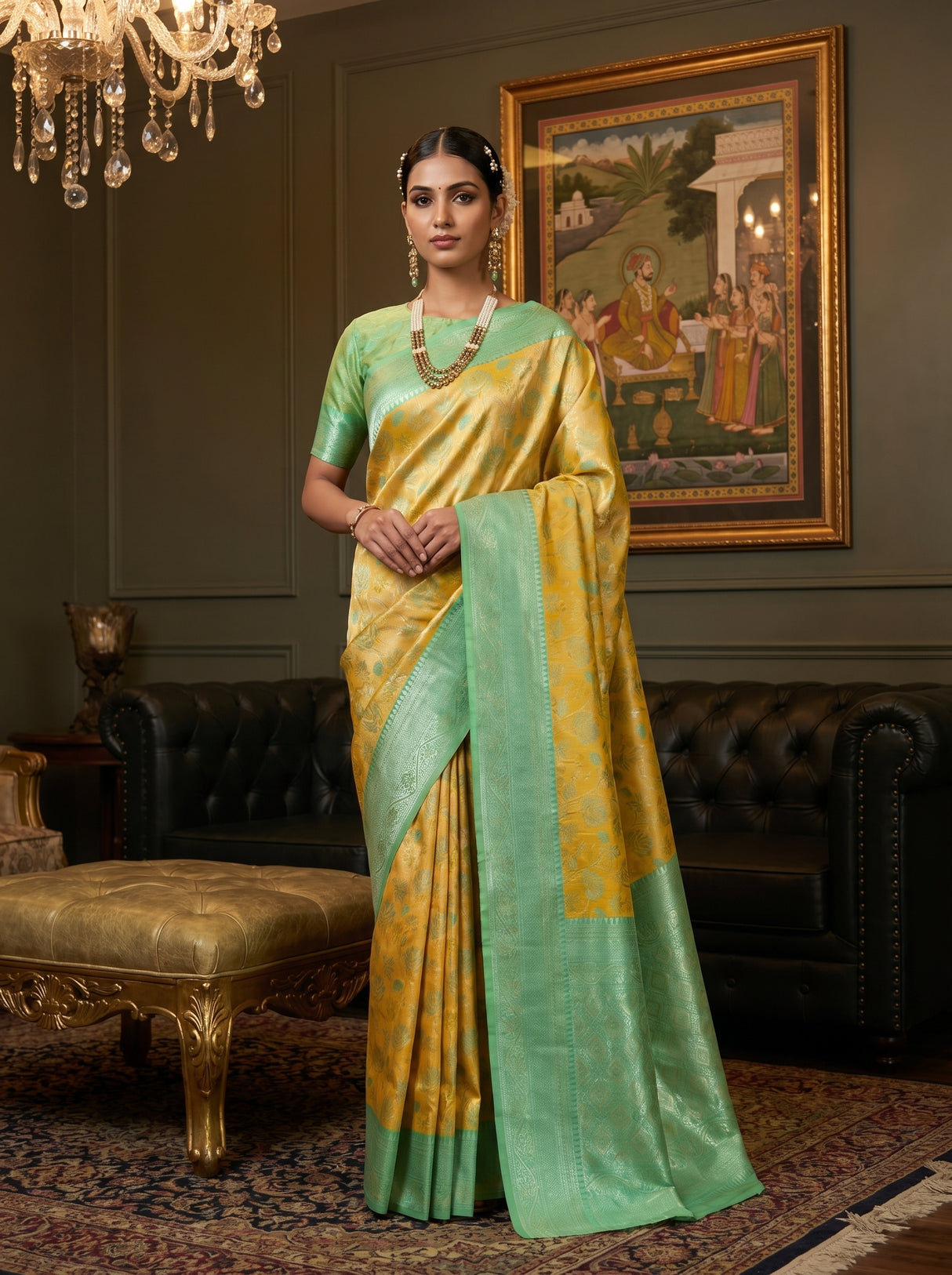 MIMOSA Pista Kanjivaram Art Silk Saree β front view on mannequin
