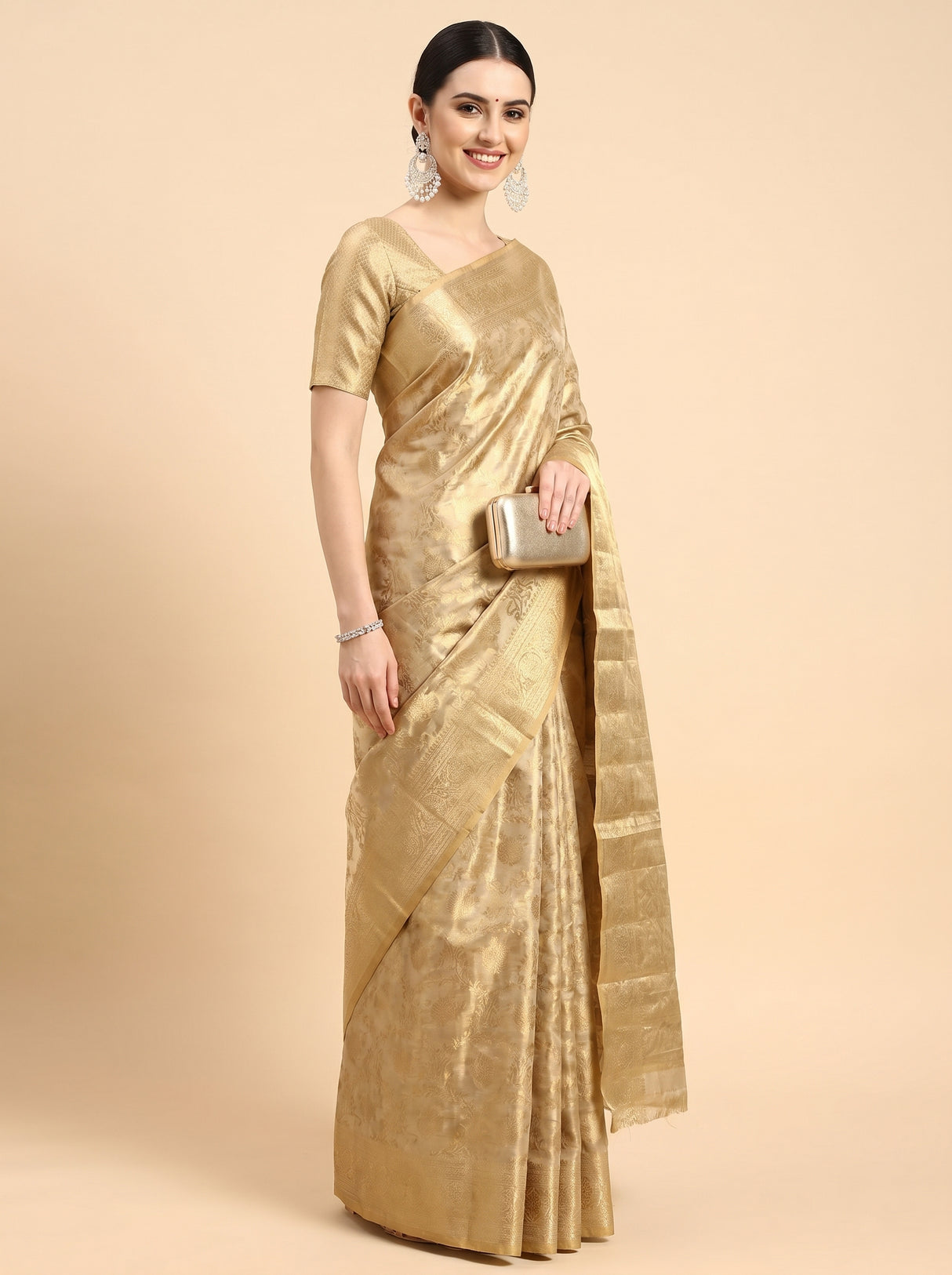 MIMOSA Chikoo Kanjivaram Art Silk Saree β Full View on Model