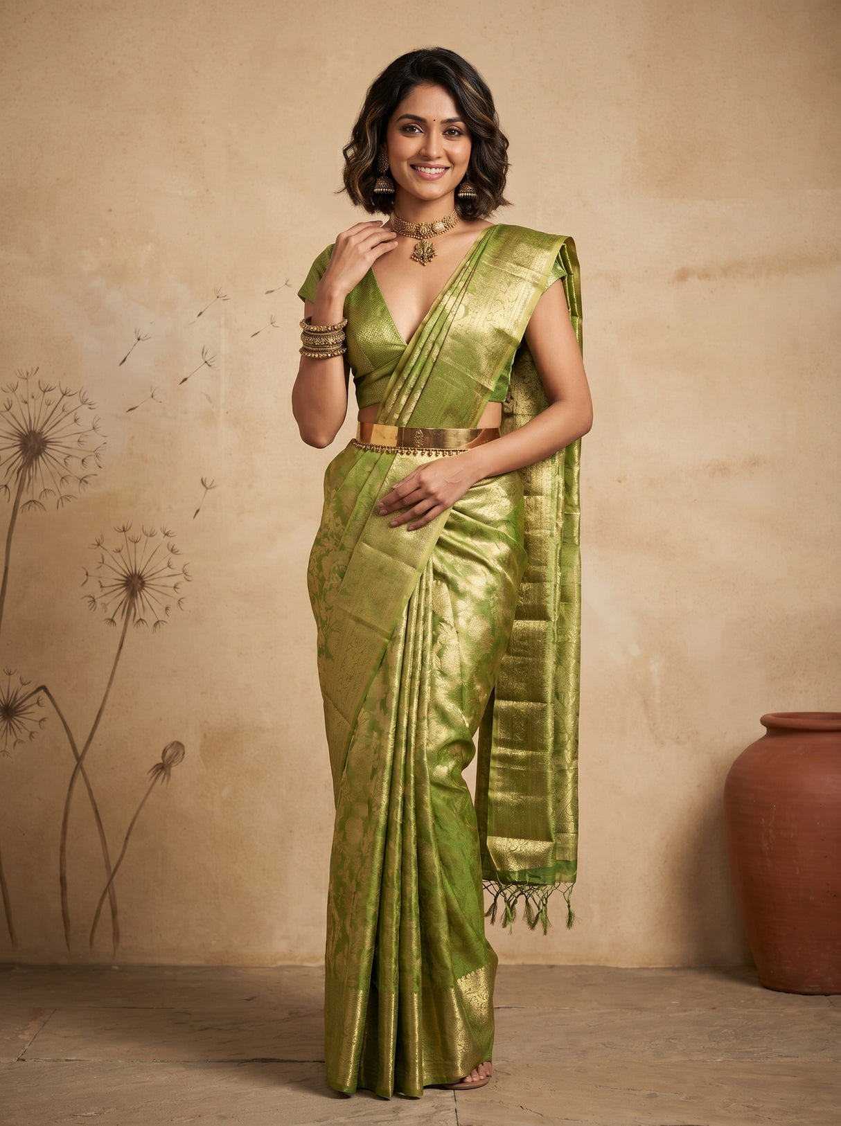 MIMOSA Olive Kanjivaram Art Silk Saree β Full View on Model