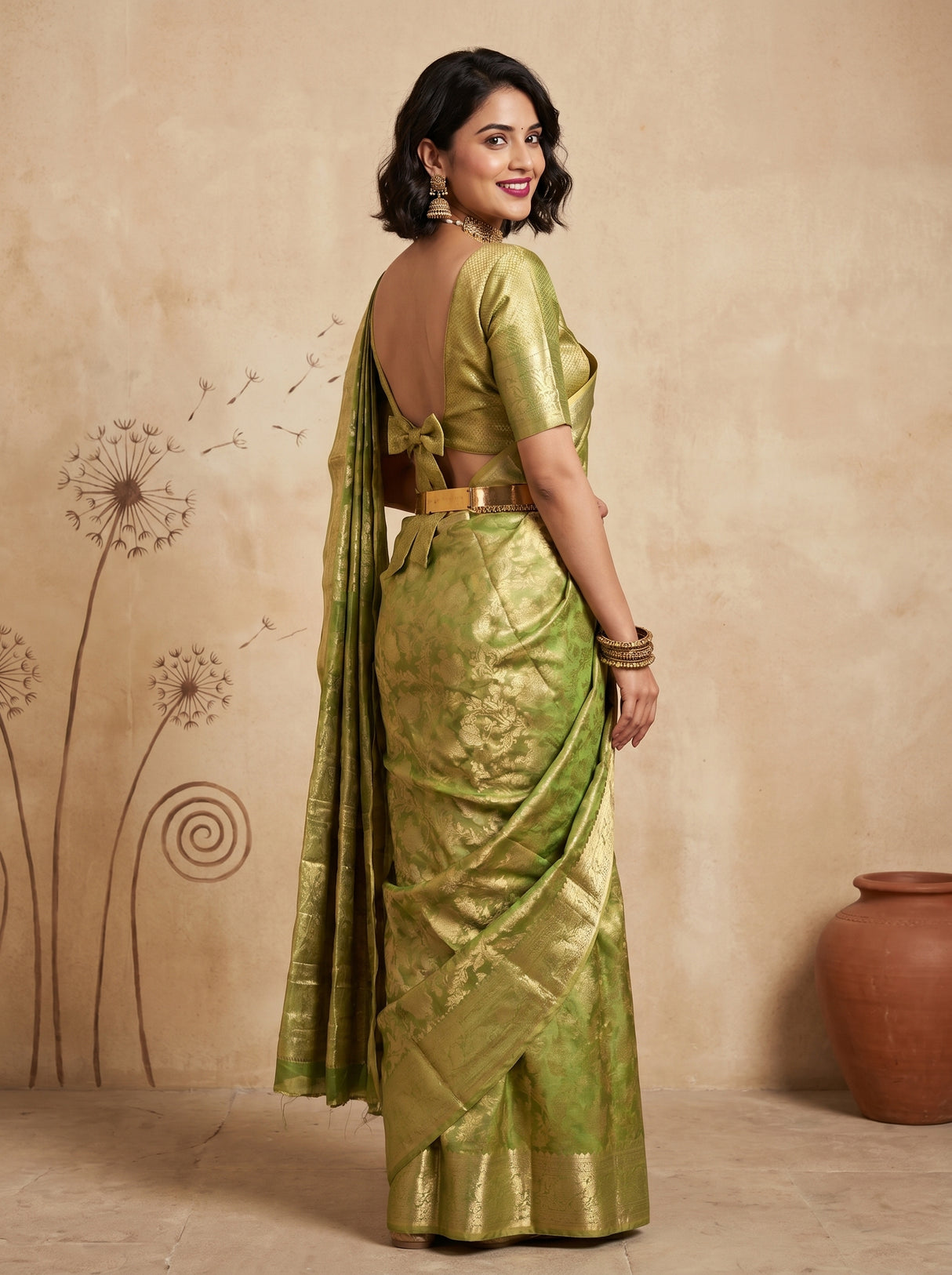 MIMOSA Olive Kanjivaram Art Silk Saree β pose 9 styling detail