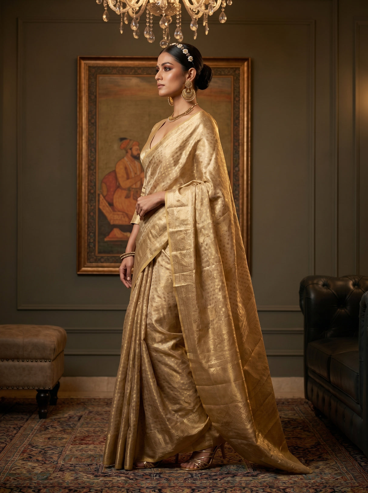 MIMOSA Chikoo Kanjivaram Art Silk Saree β Model in a festive setting