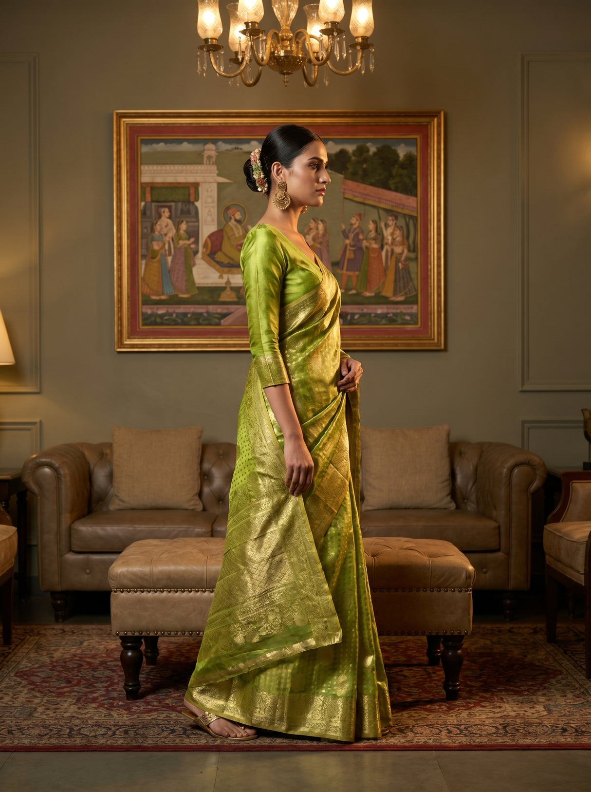 MIMOSA Olive Kanjivaram Art Silk Saree β Model in a festive setting