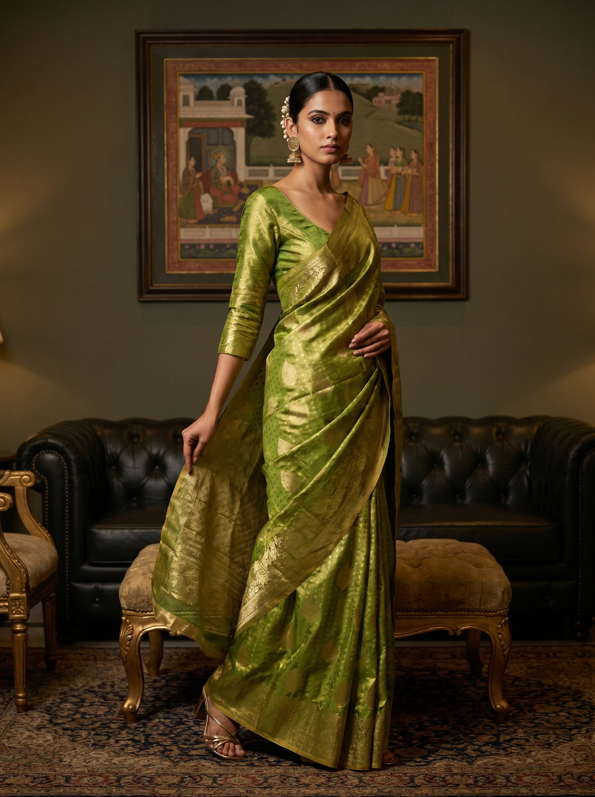 MIMOSA Olive Kanjivaram Art Silk Saree β pose 5 styling detail
