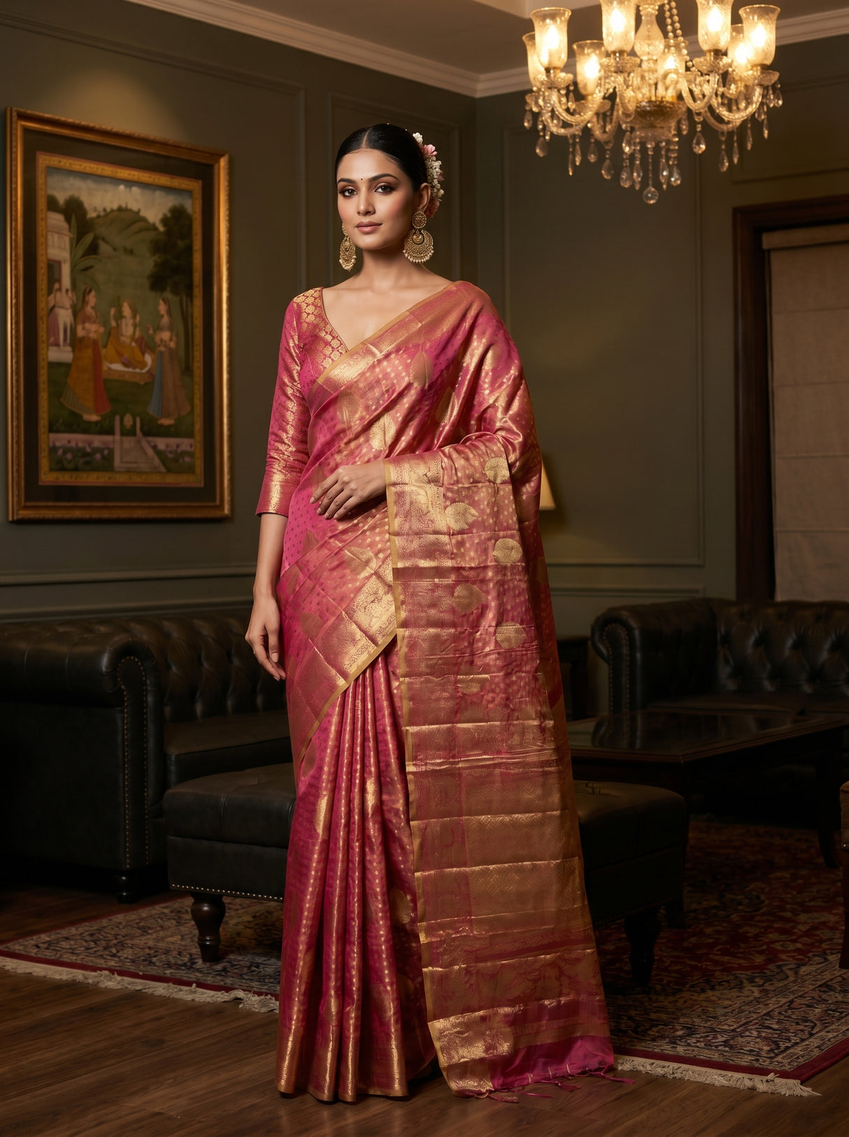 MIMOSA Rani Kanjivaram Art Silk Saree β Model in a festive setting