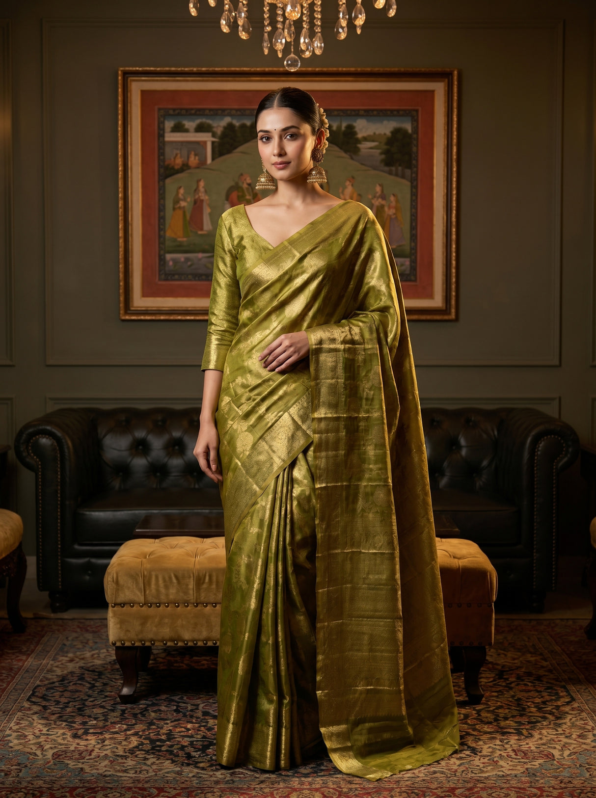MIMOSA Olive Kanjivaram Art Silk Saree β Full View on Model