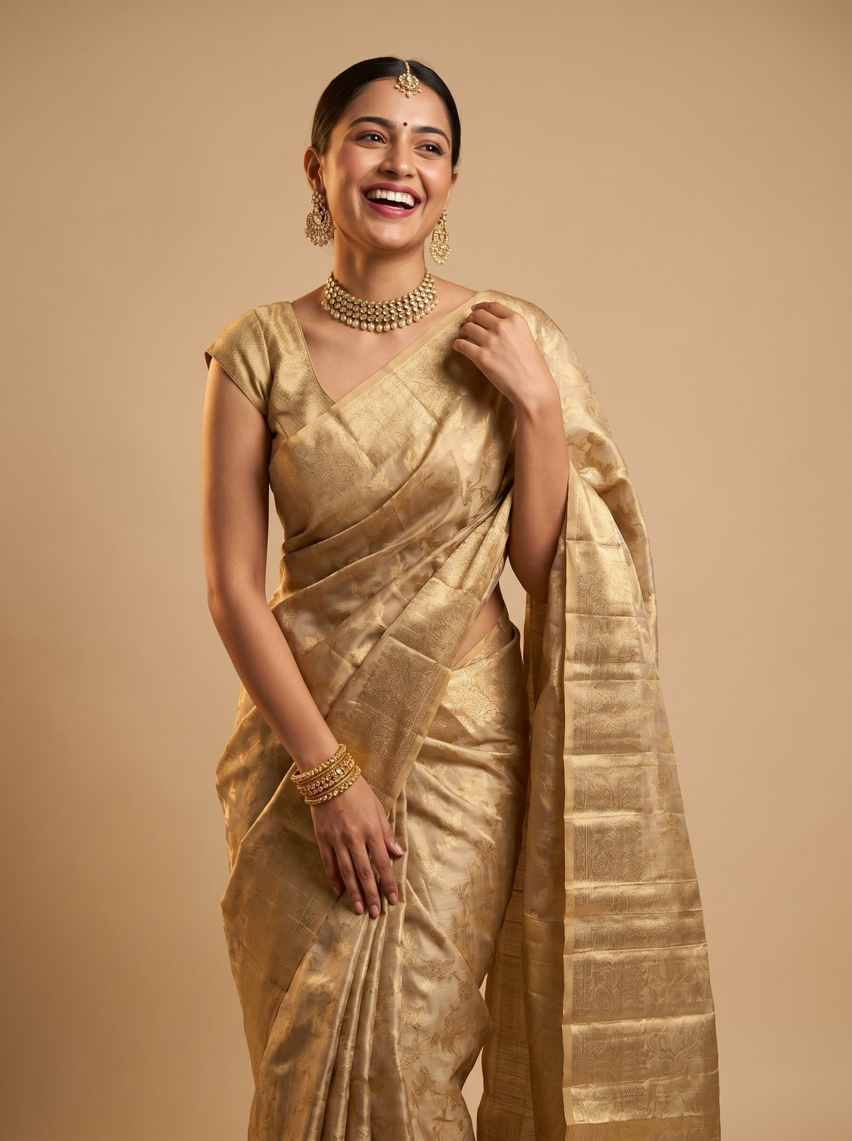 MIMOSA Chikoo Kanjivaram Art Silk Saree β pose 9 styling detail