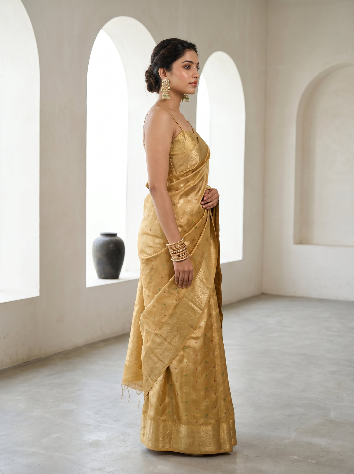 MIMOSA Mustard Kanjivaram Art Silk Saree — full length lifestyle view