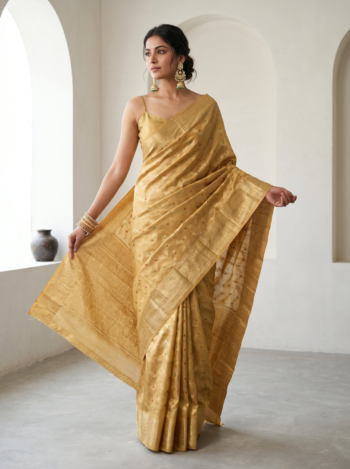MIMOSA Mustard Kanjivaram Art Silk Saree — pose 6 styling detail