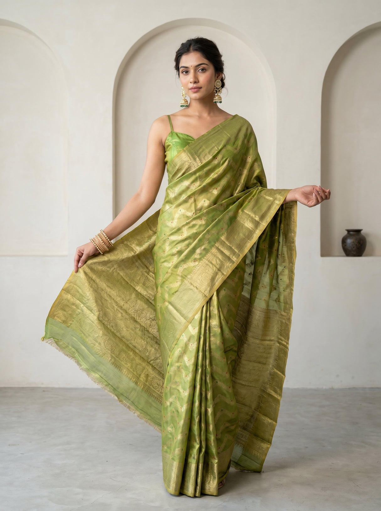 MIMOSA Olive Kanjivaram Art Silk Saree — full length lifestyle view