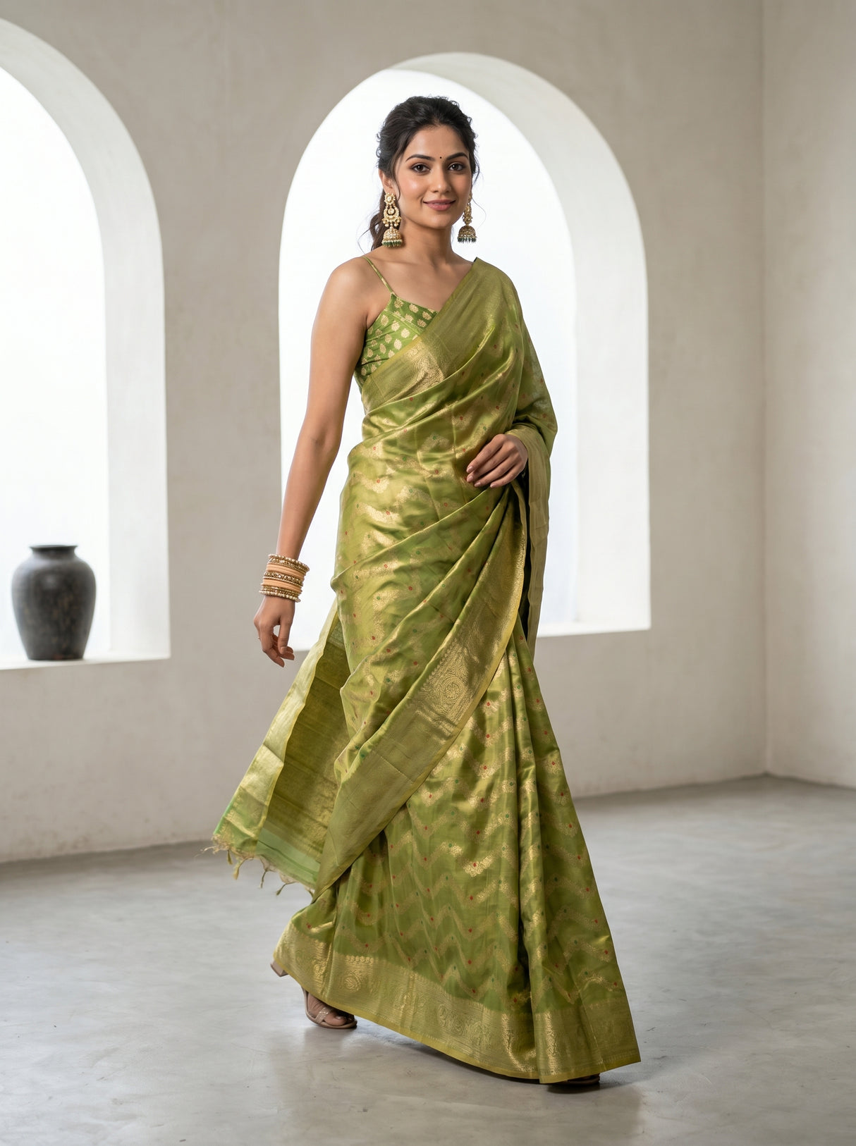 MIMOSA Olive Kanjivaram Art Silk Saree — pose 7 styling detail