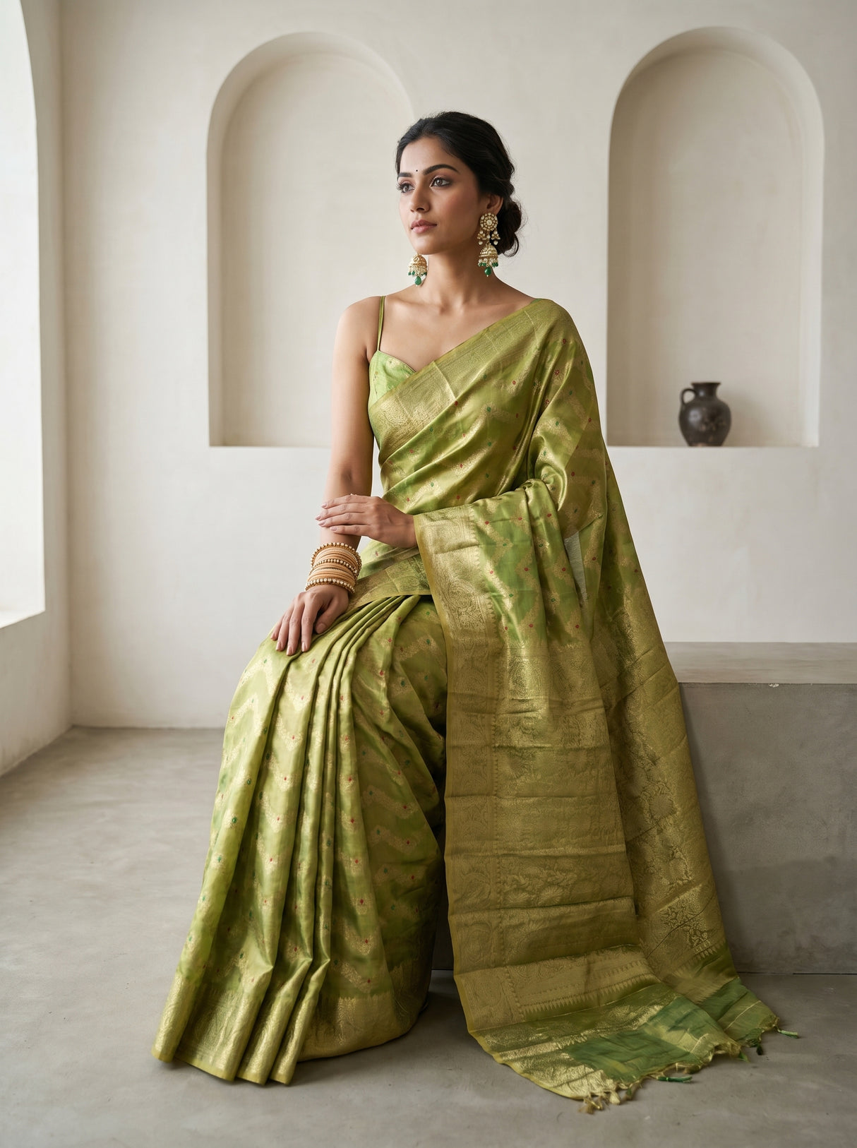MIMOSA Olive Kanjivaram Art Silk Saree — pose 8 styling detail