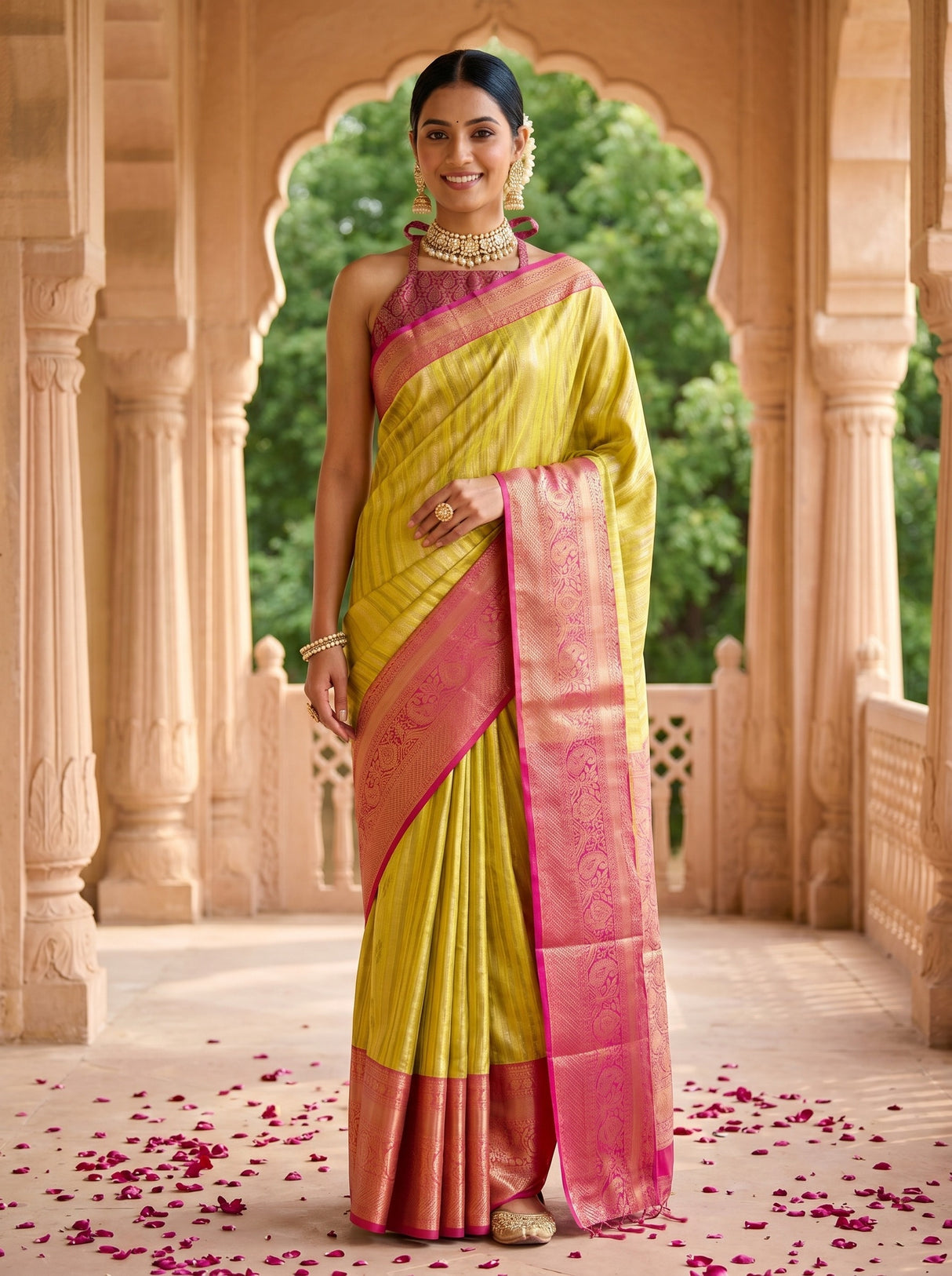 MIMOSA Gold Banarasi Art Silk Saree — AI Model lifestyle
