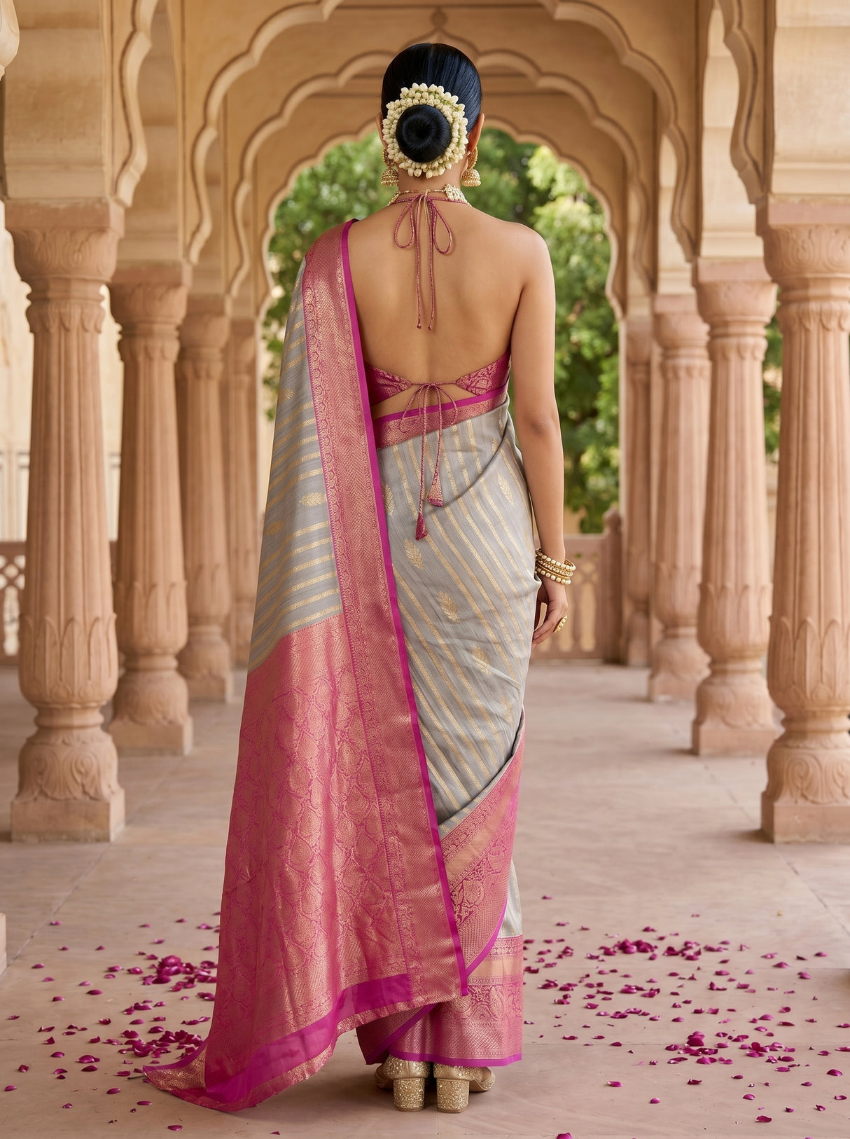 MIMOSA Grey Banarasi Art Silk Saree — pose 2 styling detail