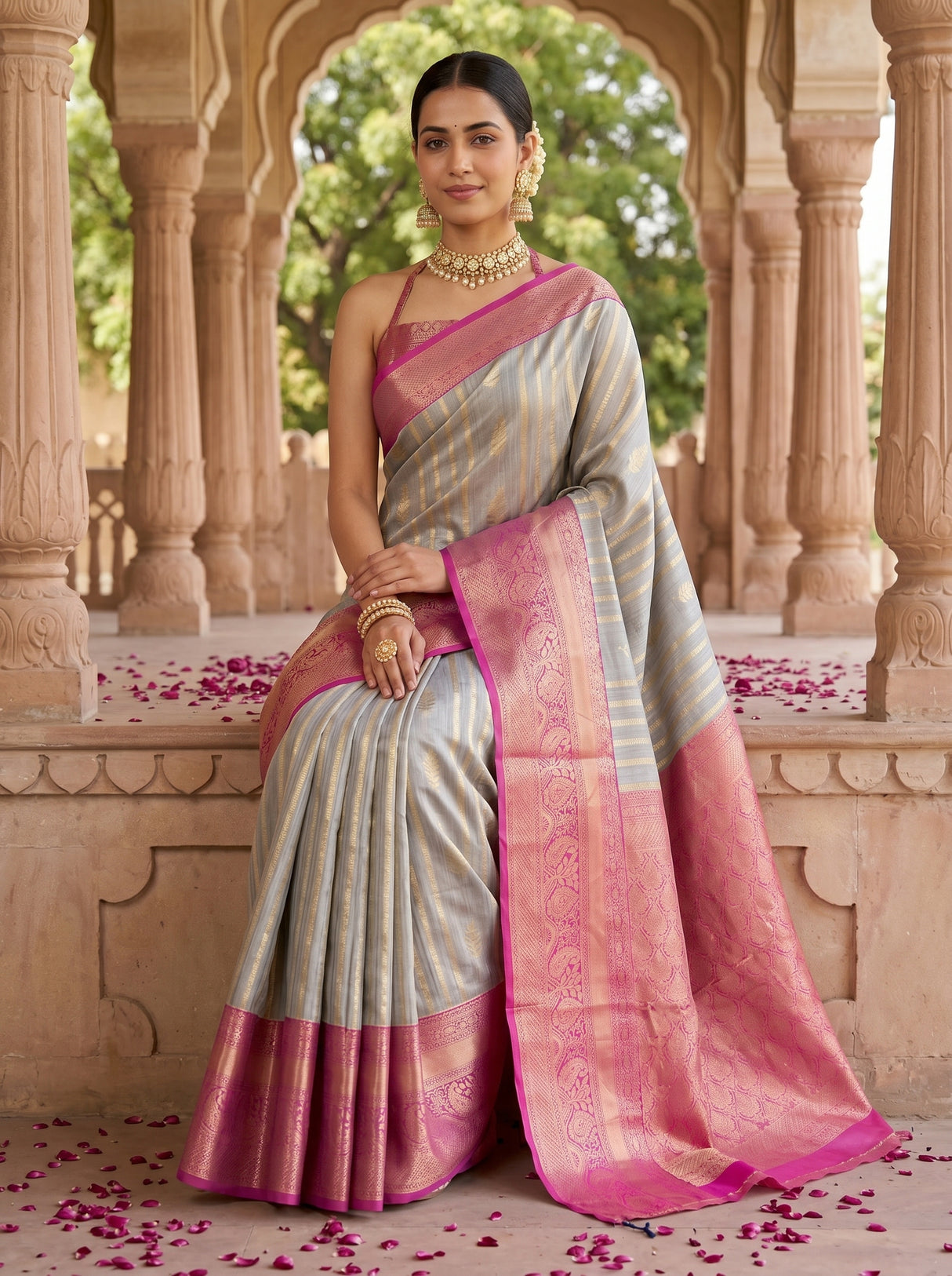 MIMOSA Grey Banarasi Art Silk Saree — pose 8 styling detail