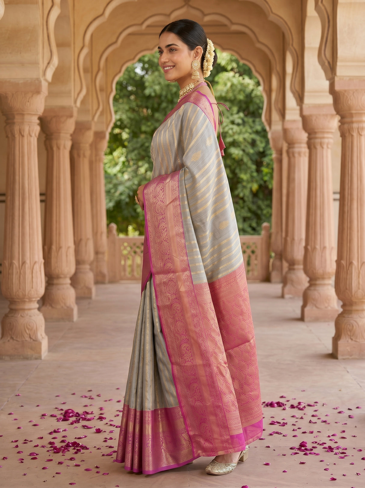 MIMOSA Grey Banarasi Art Silk Saree — pose 9 styling detail