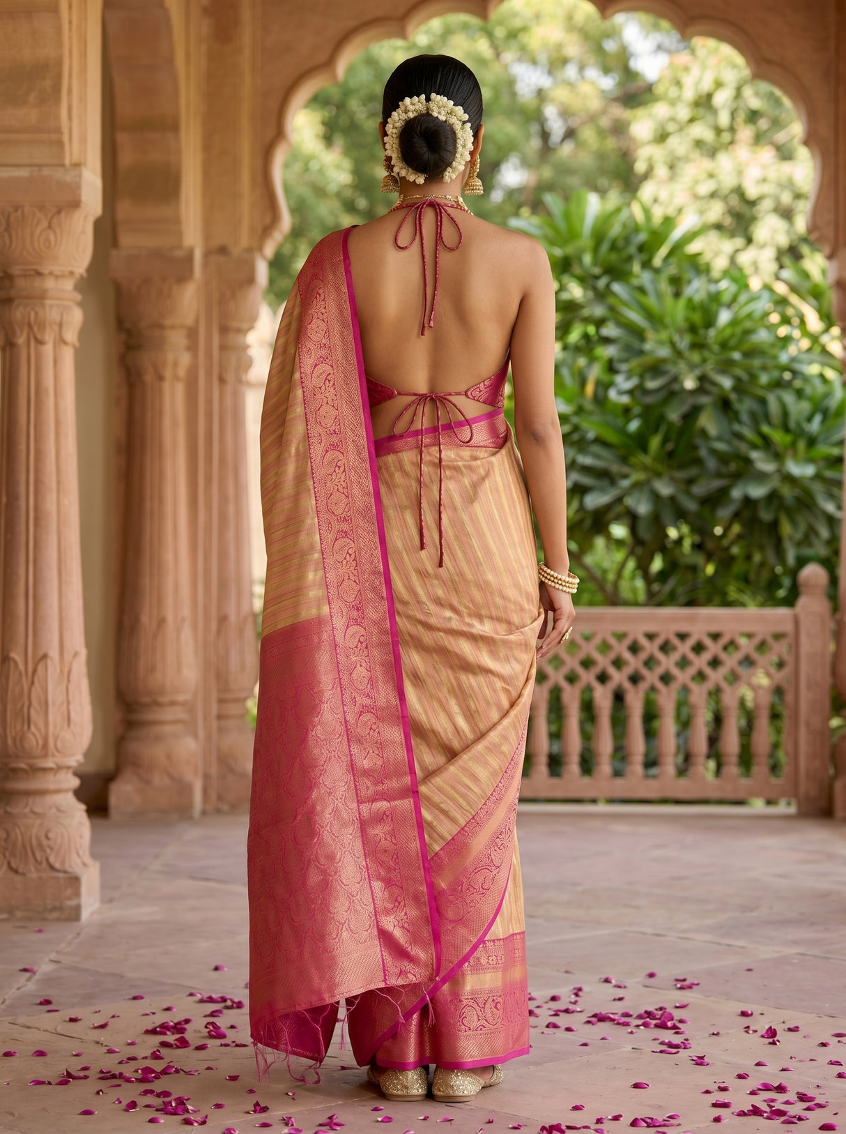MIMOSA Peach Banarasi Art Silk Saree — pose 2 styling detail