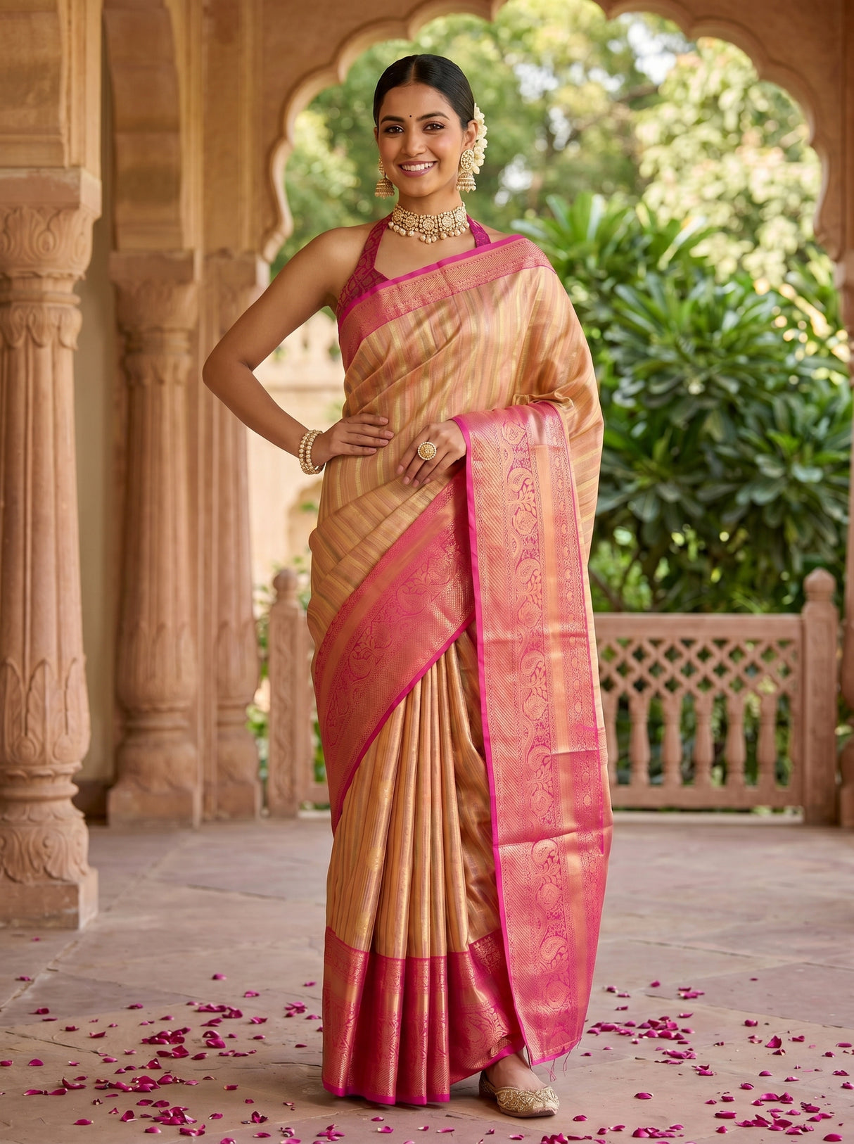 MIMOSA Peach Banarasi Art Silk Saree — pose 4 styling detail