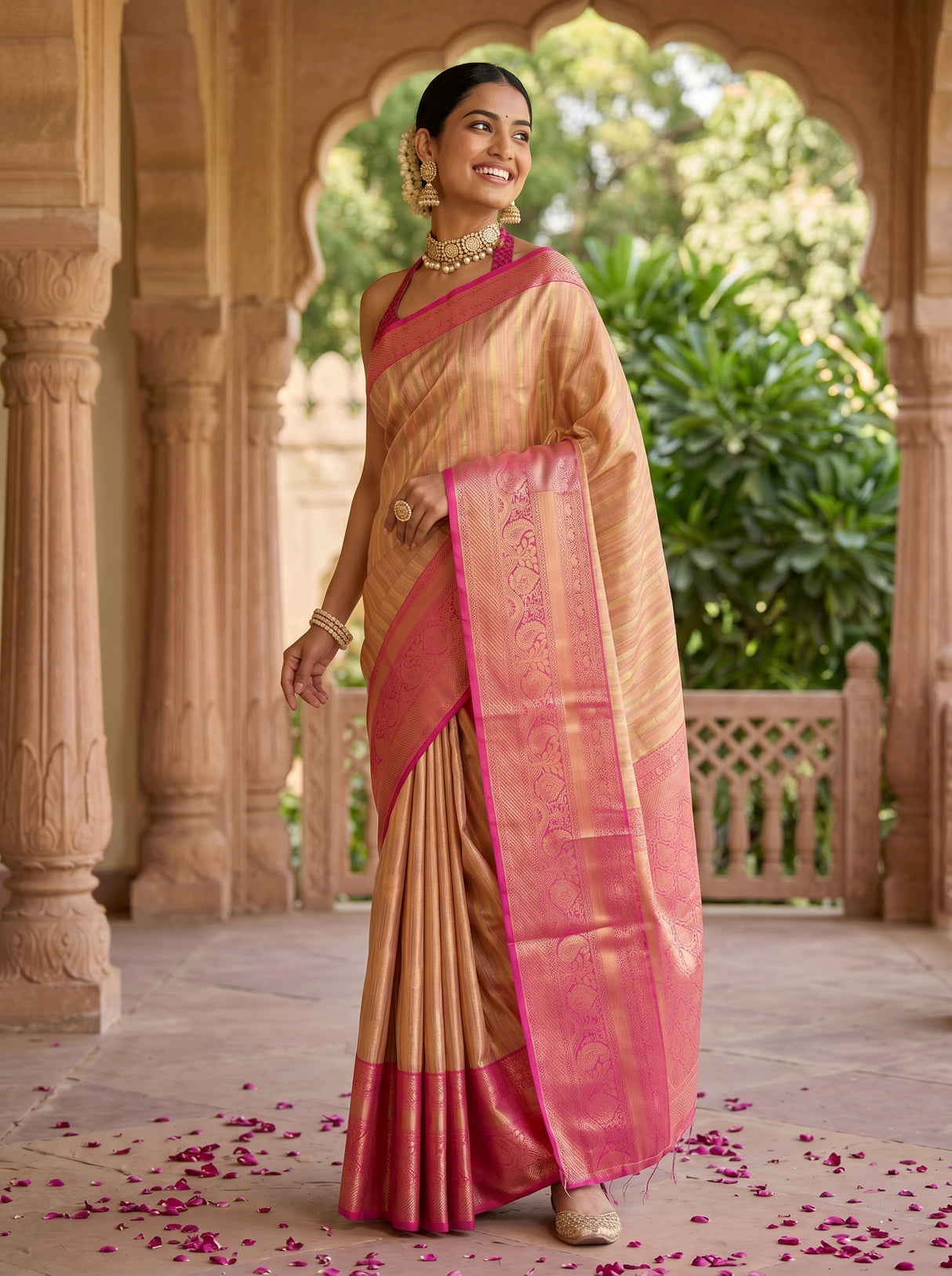 MIMOSA Peach Banarasi Art Silk Saree — pose 5 styling detail
