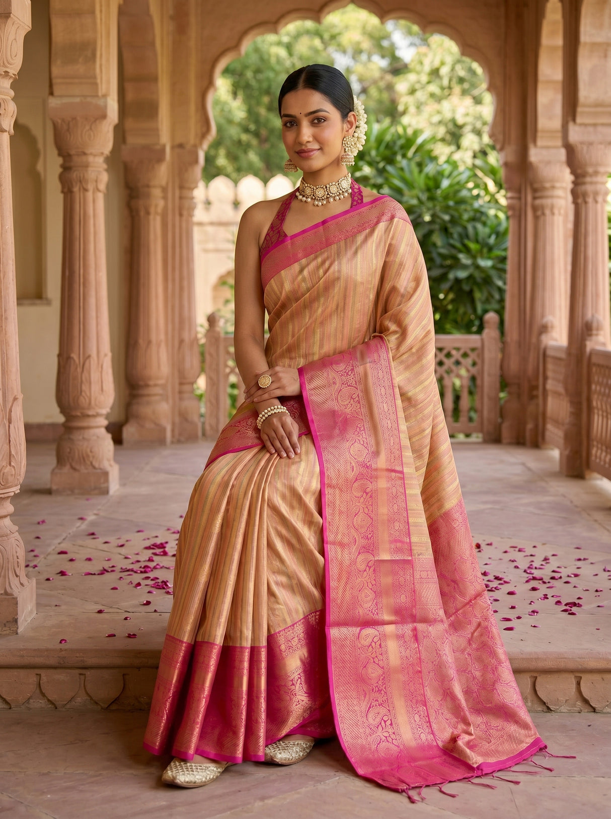 MIMOSA Peach Banarasi Art Silk Saree — pose 8 styling detail