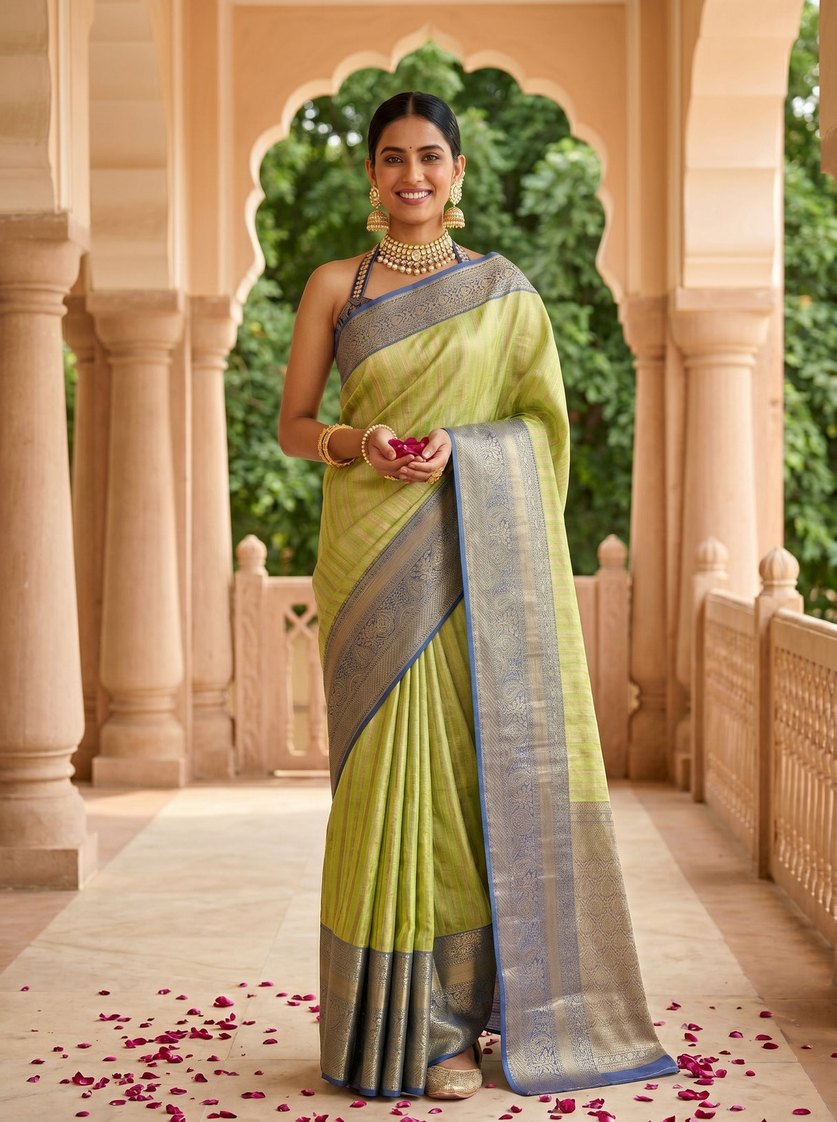 MIMOSA Parrot Green Banarasi Art Silk Saree — AI Model lifestyle