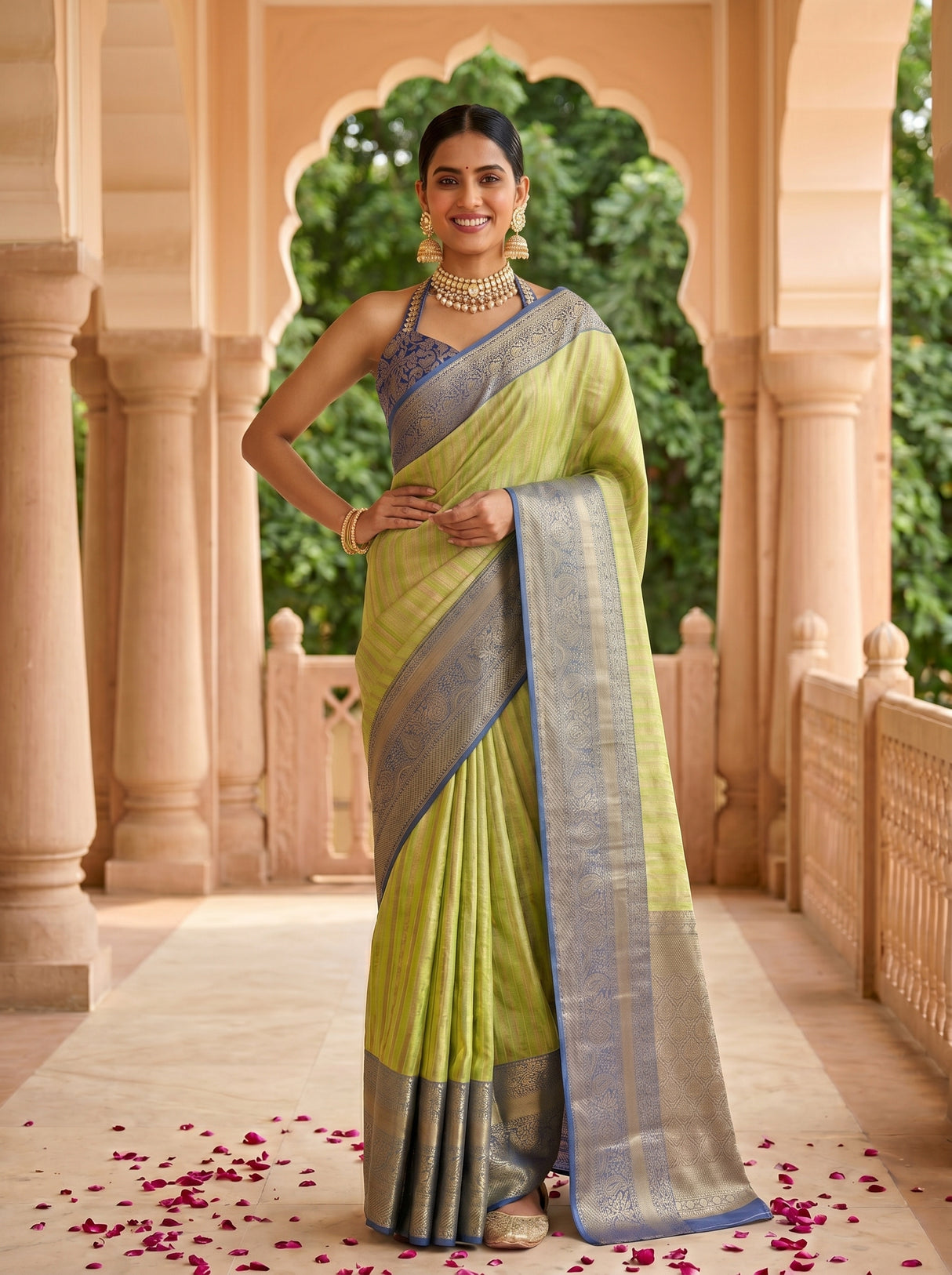 MIMOSA Parrot Green Banarasi Art Silk Saree — pose 4 styling detail