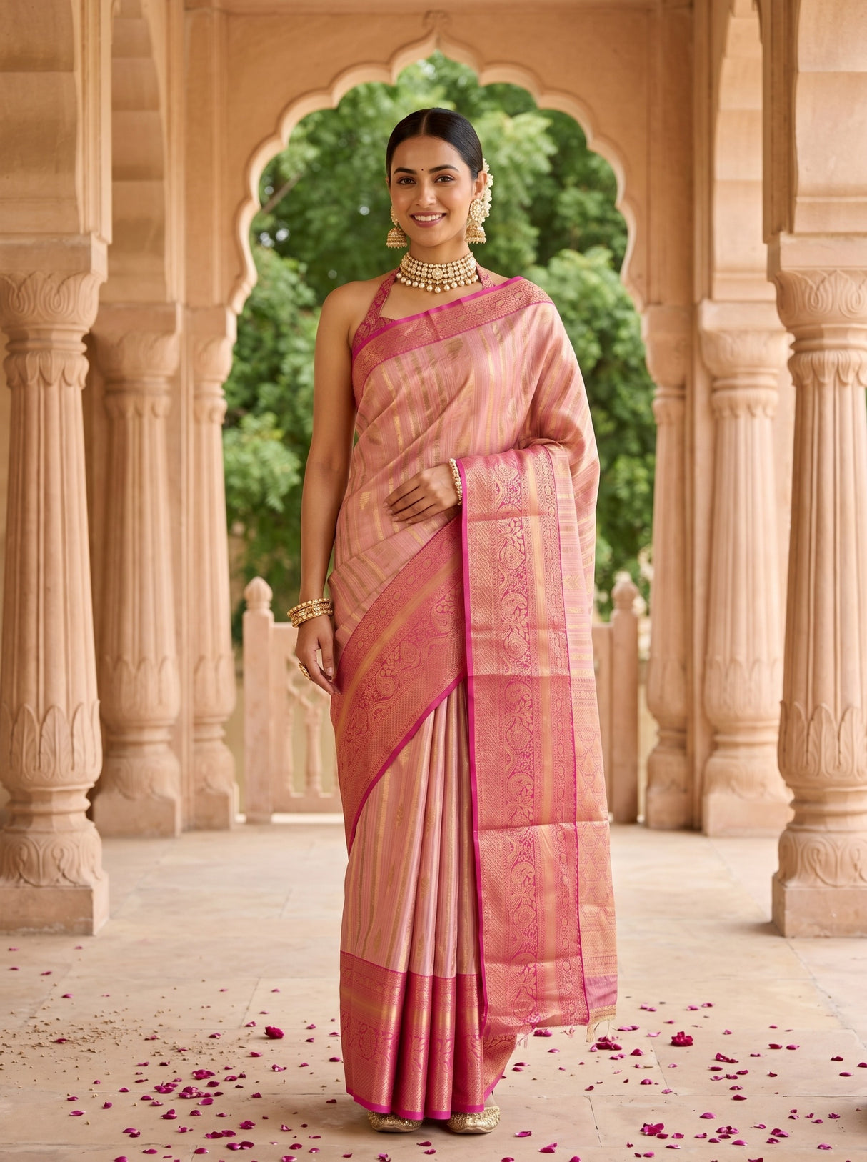 MIMOSA Pink Banarasi Art Silk Saree — AI Model lifestyle
