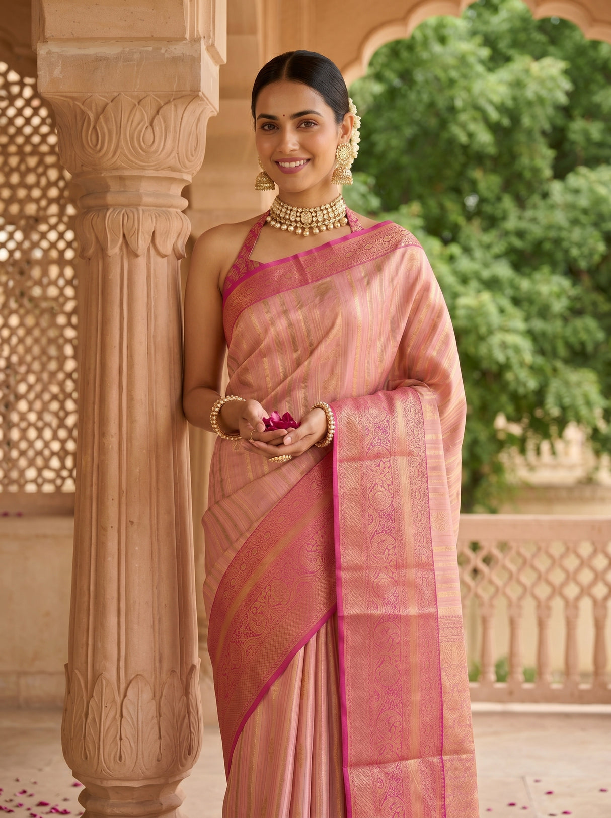 MIMOSA Pink Banarasi Art Silk Saree — pose 10 styling detail
