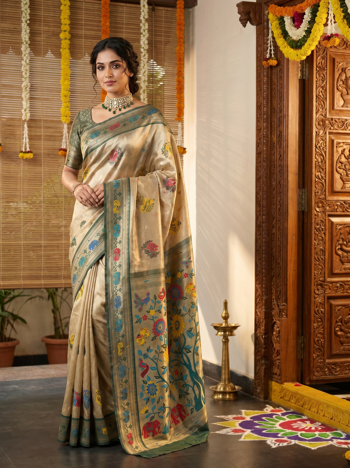 MIMOSA Green Paithani Art Silk Saree β pose 5 styling detail