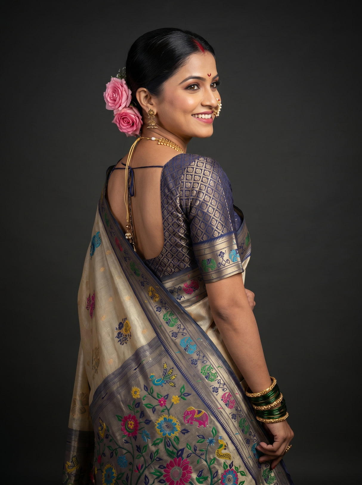 MIMOSA Navy Paithani Art Silk Saree β pose 9 styling detail