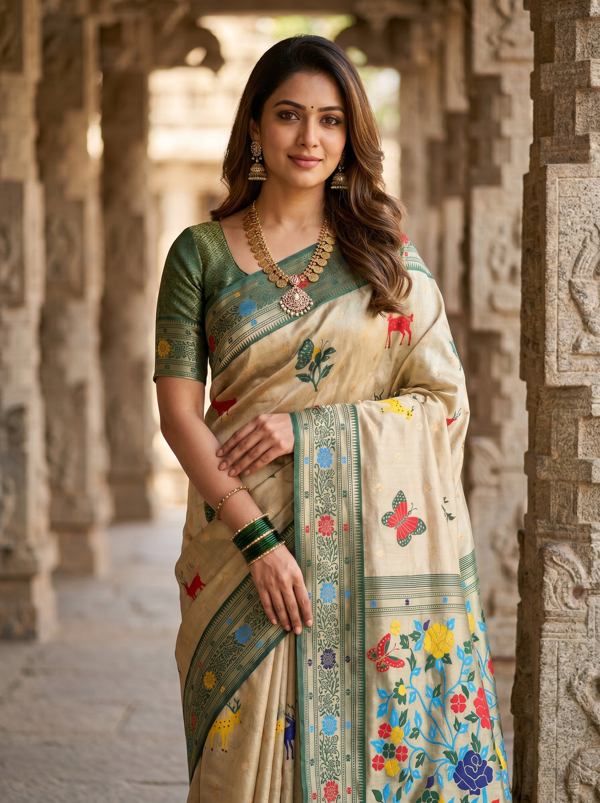 MIMOSA Green Paithani Art Silk Saree β Model Pose in Heritage Setting