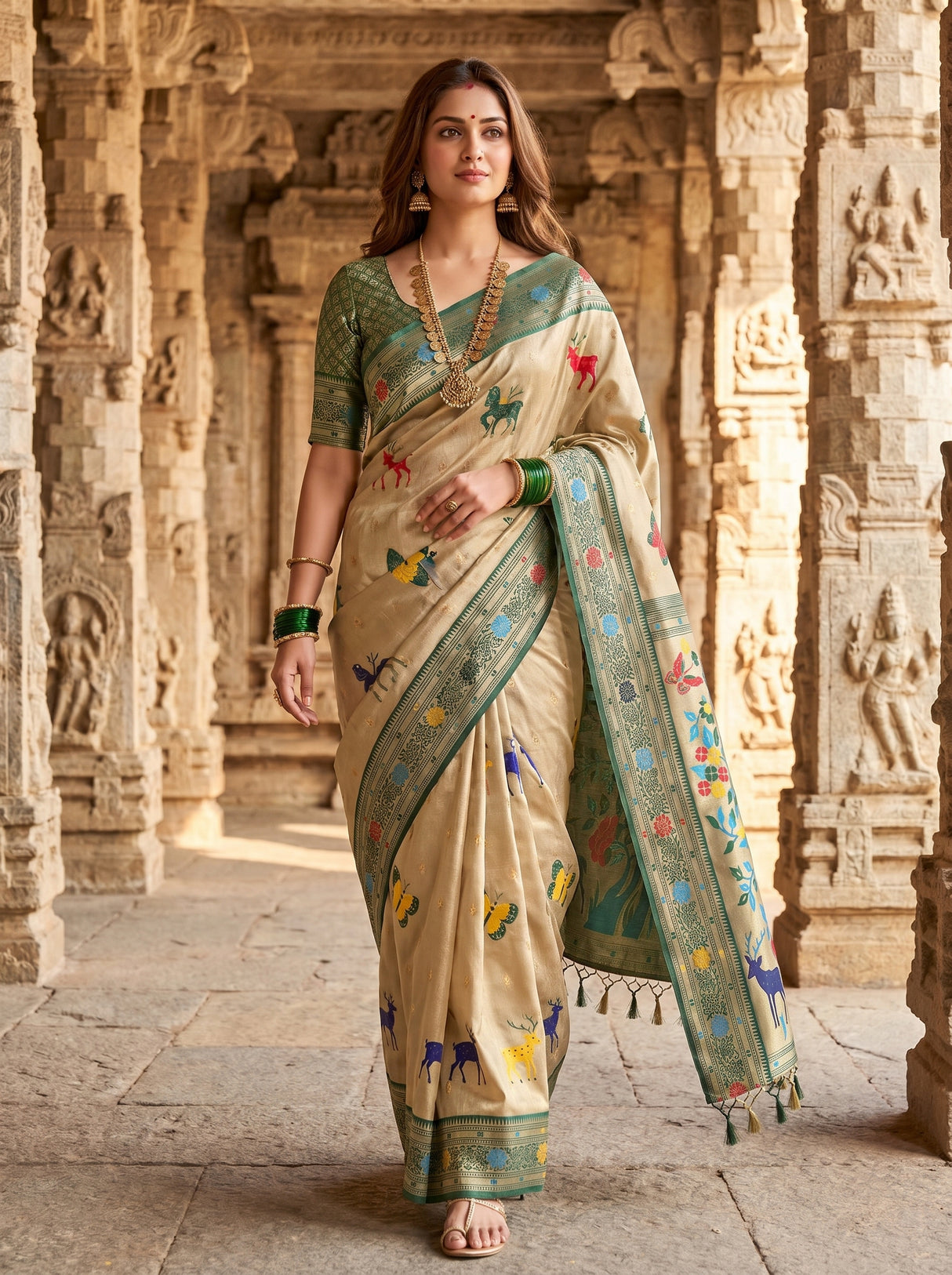 MIMOSA Green Paithani Art Silk Saree β pose 7 styling detail