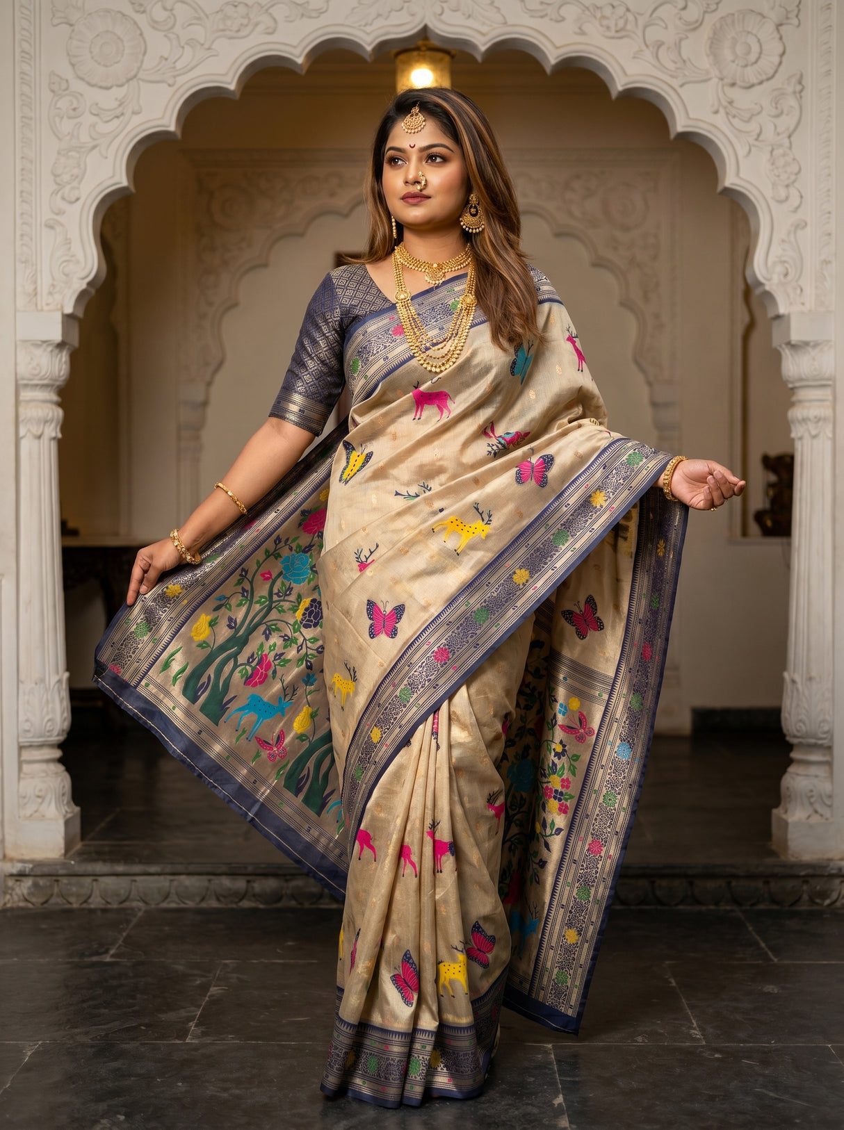 MIMOSA Navy Paithani Art Silk Saree β pose 6 styling detail