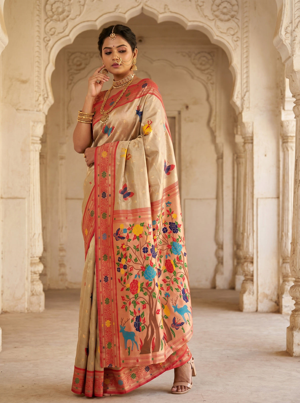 MIMOSA Red Paithani Art Silk Saree β Model Pose in Heritage Setting