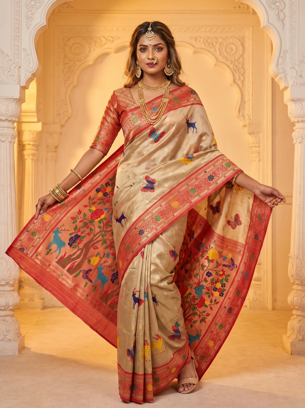 MIMOSA Red Paithani Art Silk Saree β pose 6 styling detail