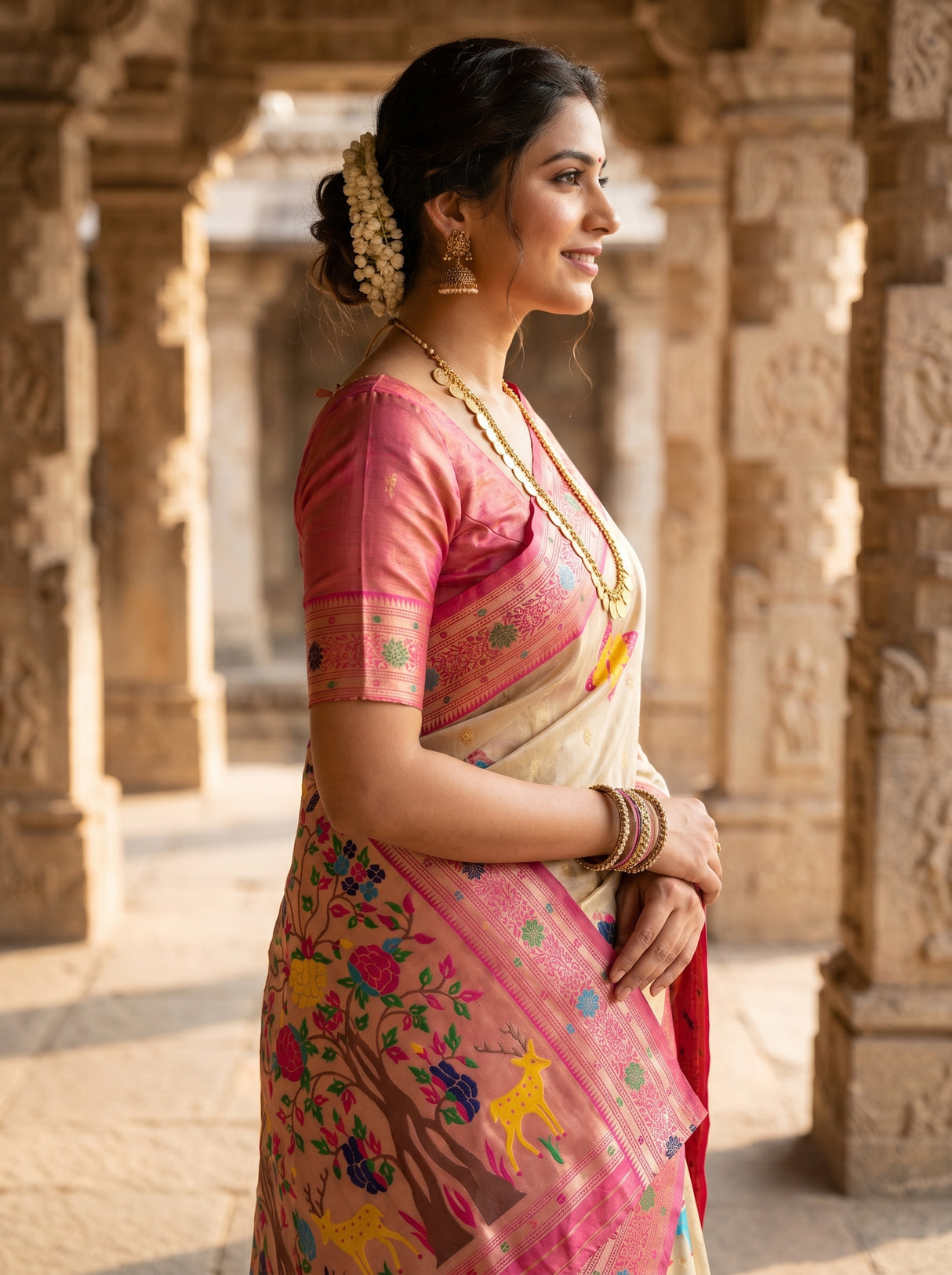 MIMOSA Rani Paithani Art Silk Saree β Model Pose in Heritage Setting
