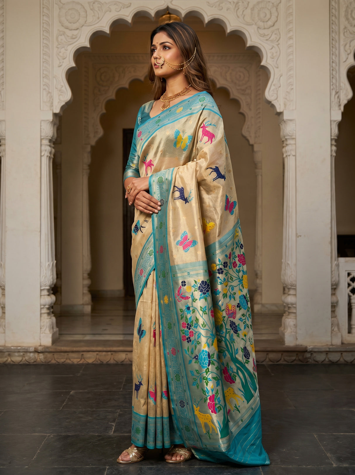 MIMOSA Saffire Paithani Art Silk Saree β Model Pose in Heritage Setting