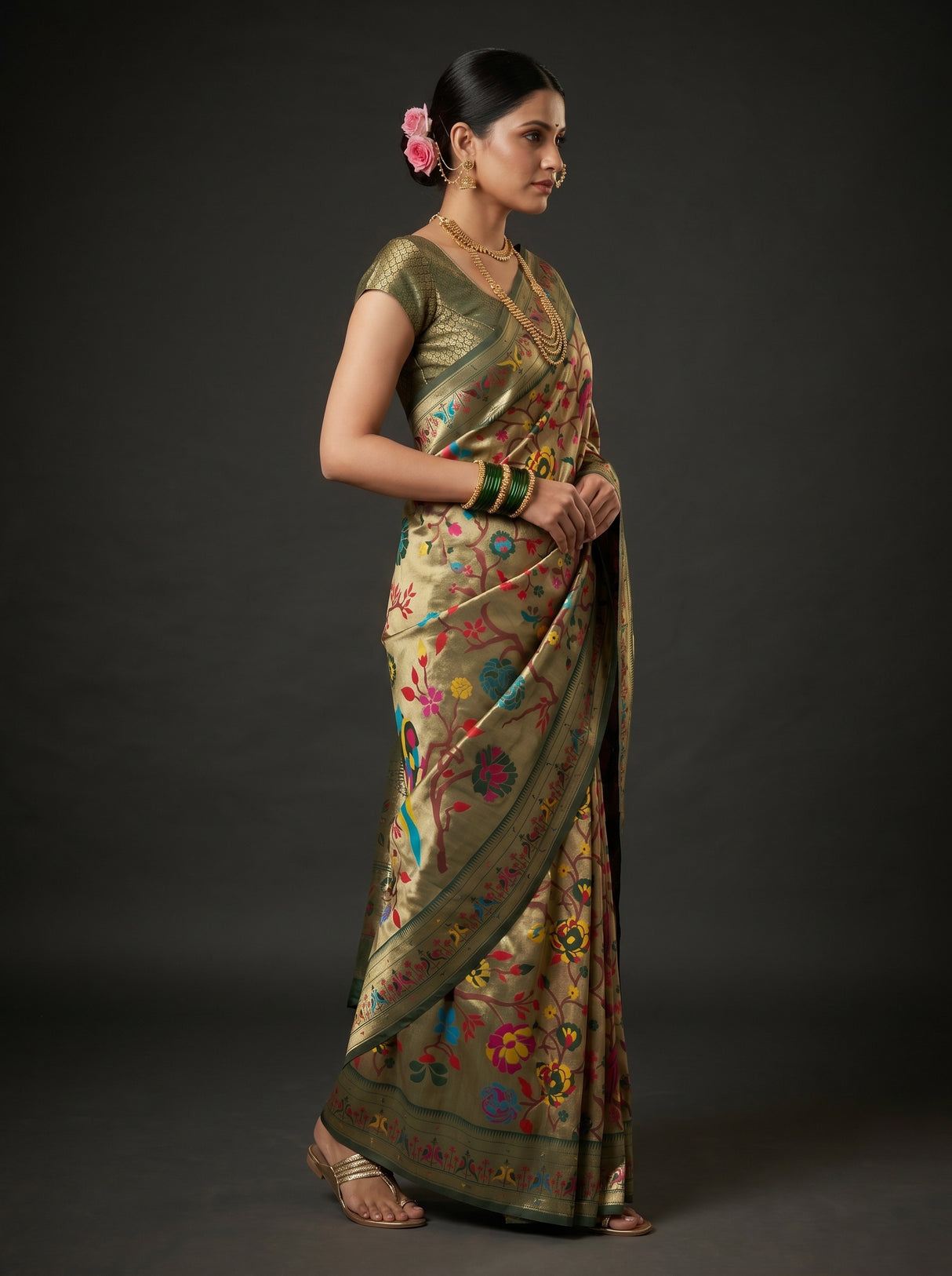 MIMOSA Green Paithani Art Silk Saree — Model lifestyle pose