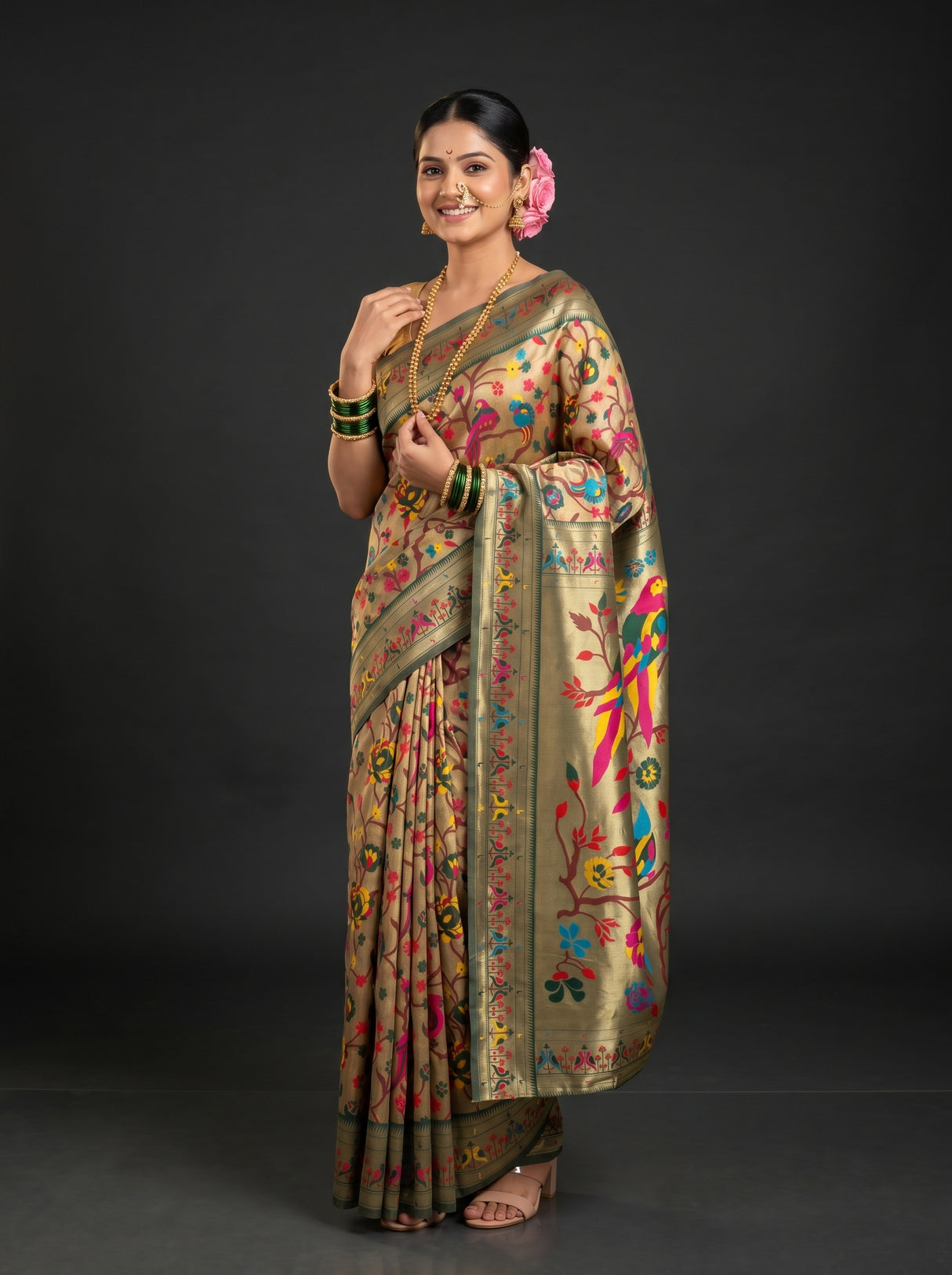 MIMOSA Green Paithani Art Silk Saree — pose 4 styling detail