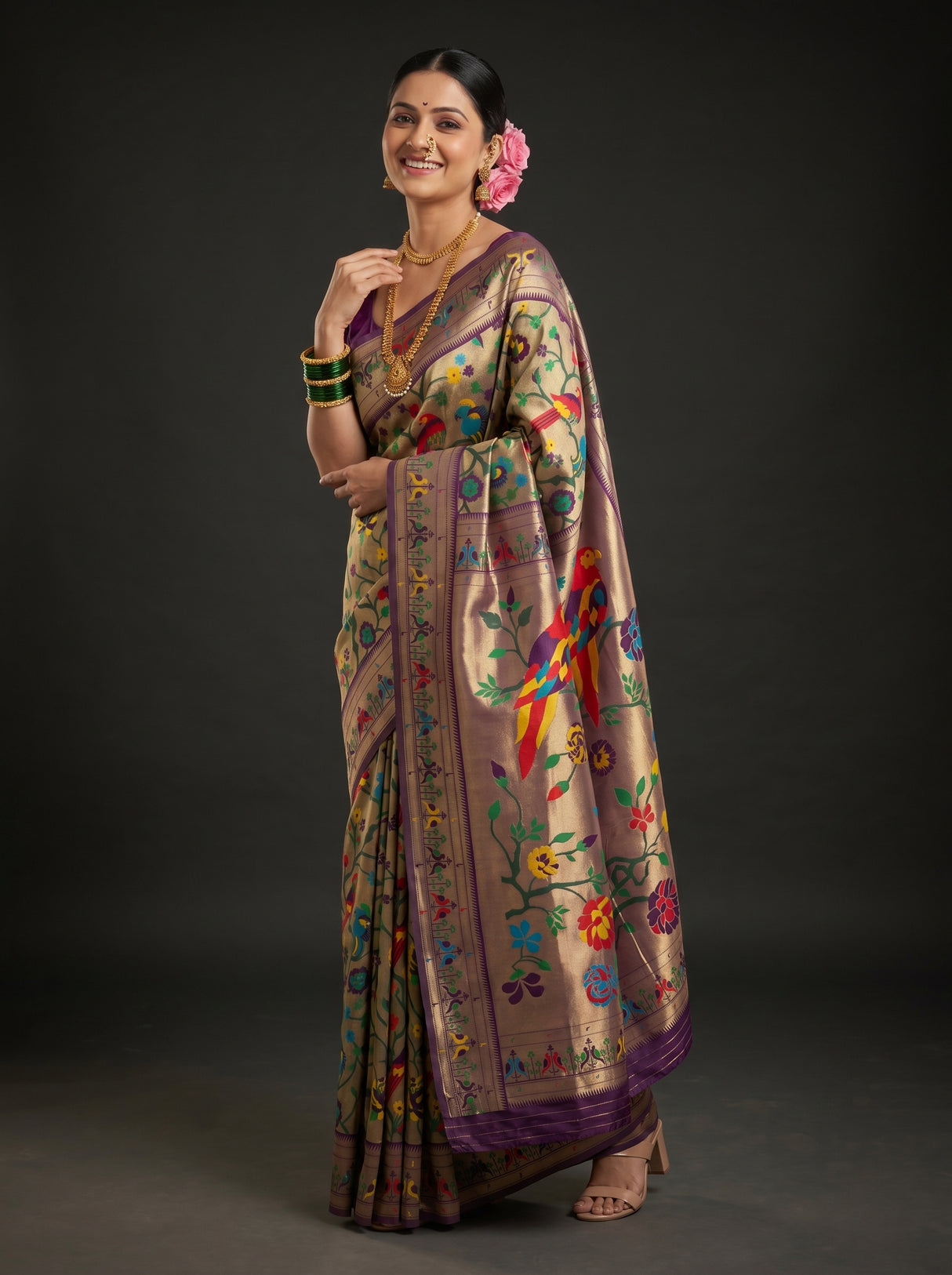 MIMOSA Magenta Paithani Art Silk Saree — Model lifestyle pose
