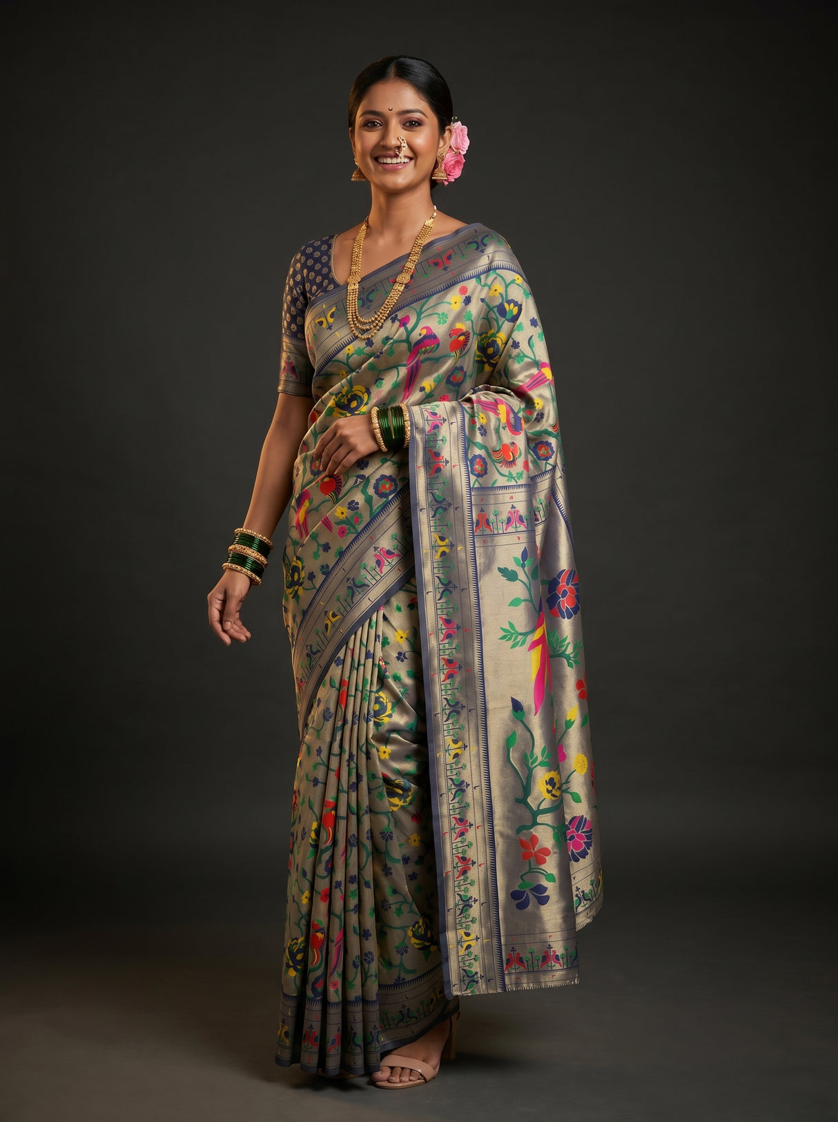 MIMOSA Navy Paithani Art Silk Saree — Model lifestyle pose