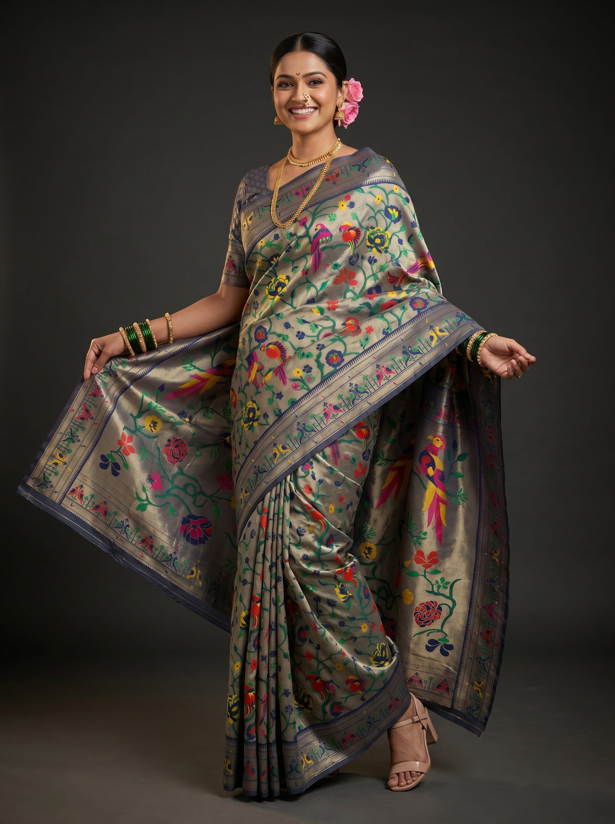 MIMOSA Navy Paithani Art Silk Saree — pose 6 styling detail
