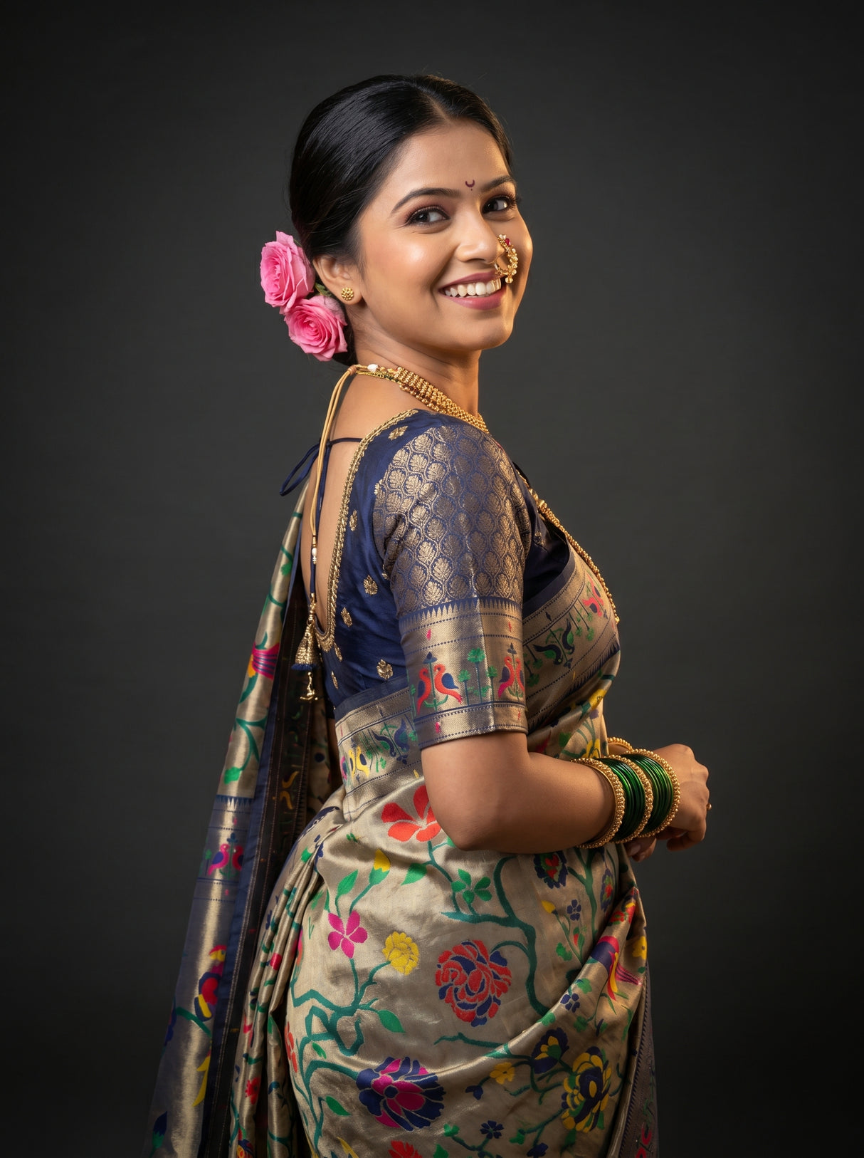 MIMOSA Navy Paithani Art Silk Saree — pose 9 styling detail