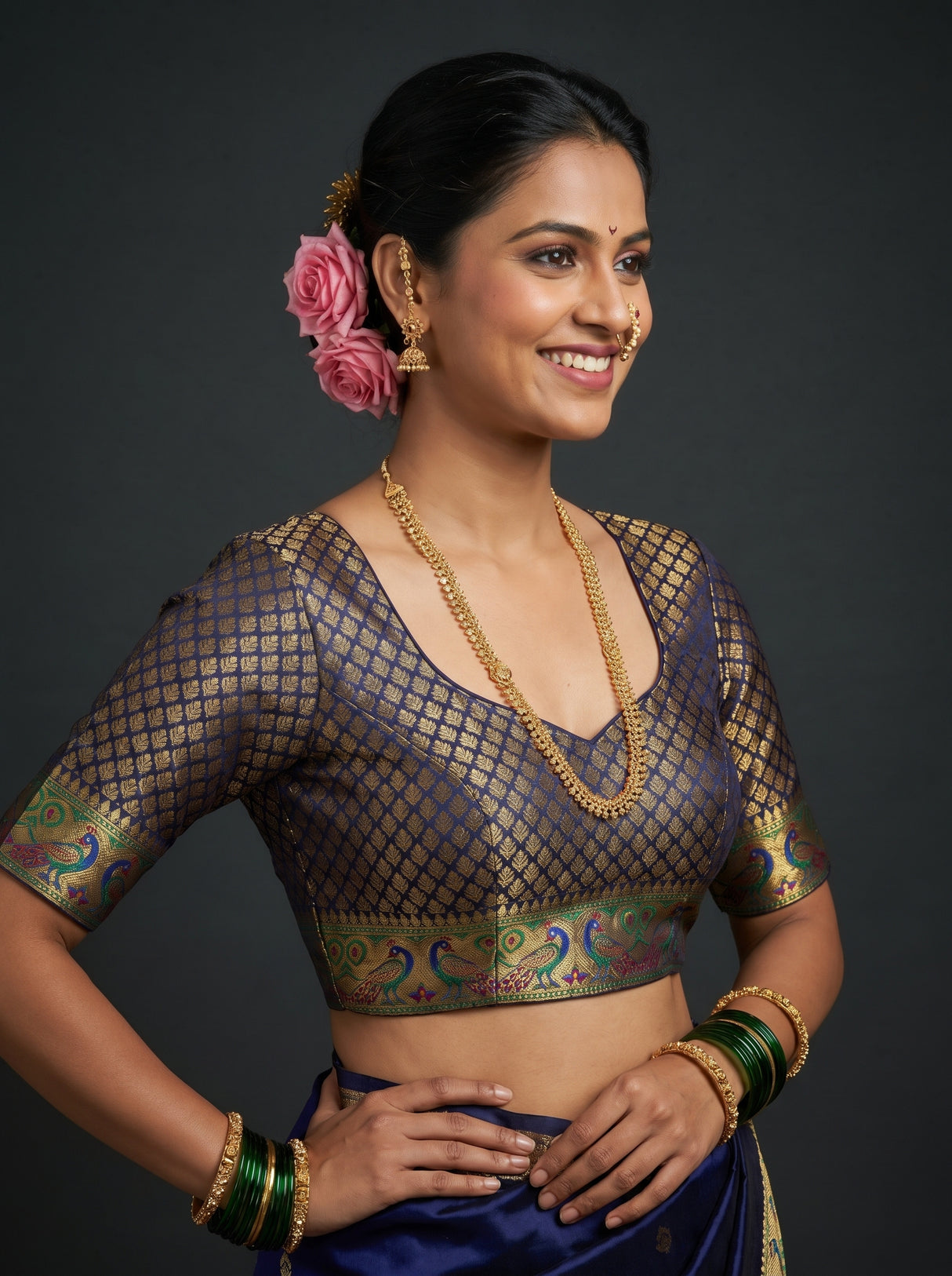 MIMOSA Navy Paithani Art Silk Saree — blouse close-up