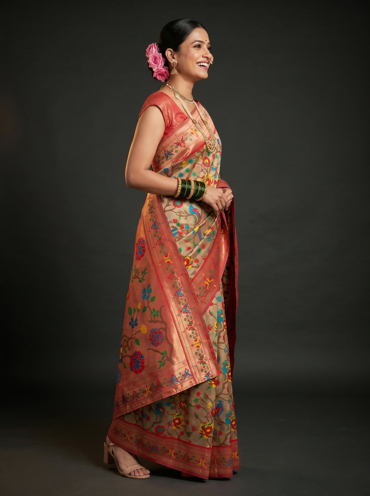 MIMOSA Red Paithani Art Silk Saree — Model lifestyle pose