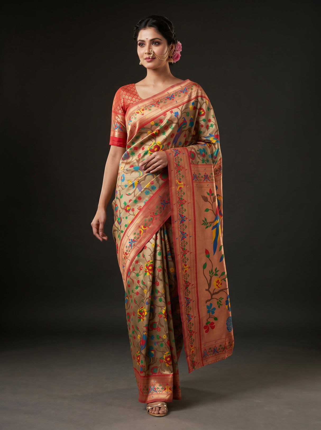 MIMOSA Red Paithani Art Silk Saree — pose 6 styling detail