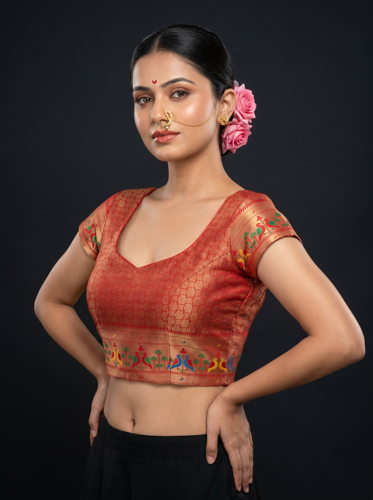 MIMOSA Red Paithani Art Silk Saree — blouse close-up