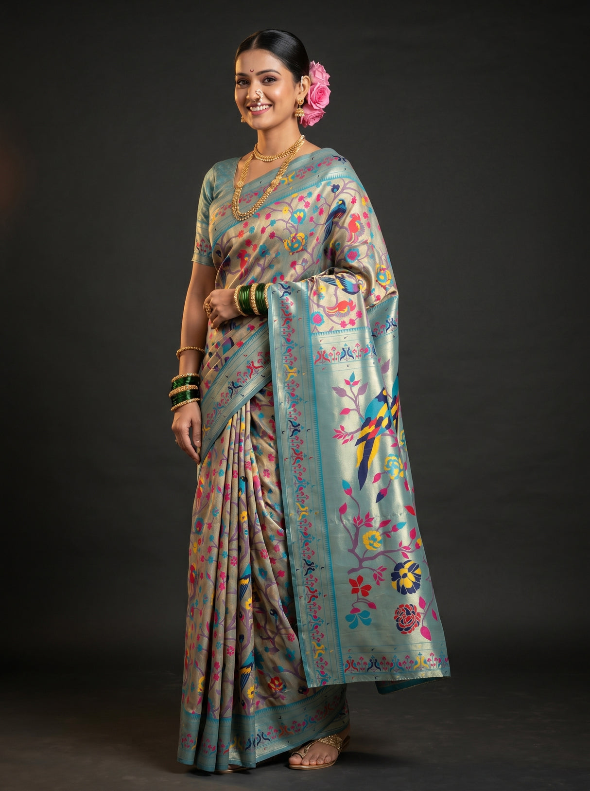 MIMOSA Saffire Paithani Art Silk Saree — Model lifestyle pose